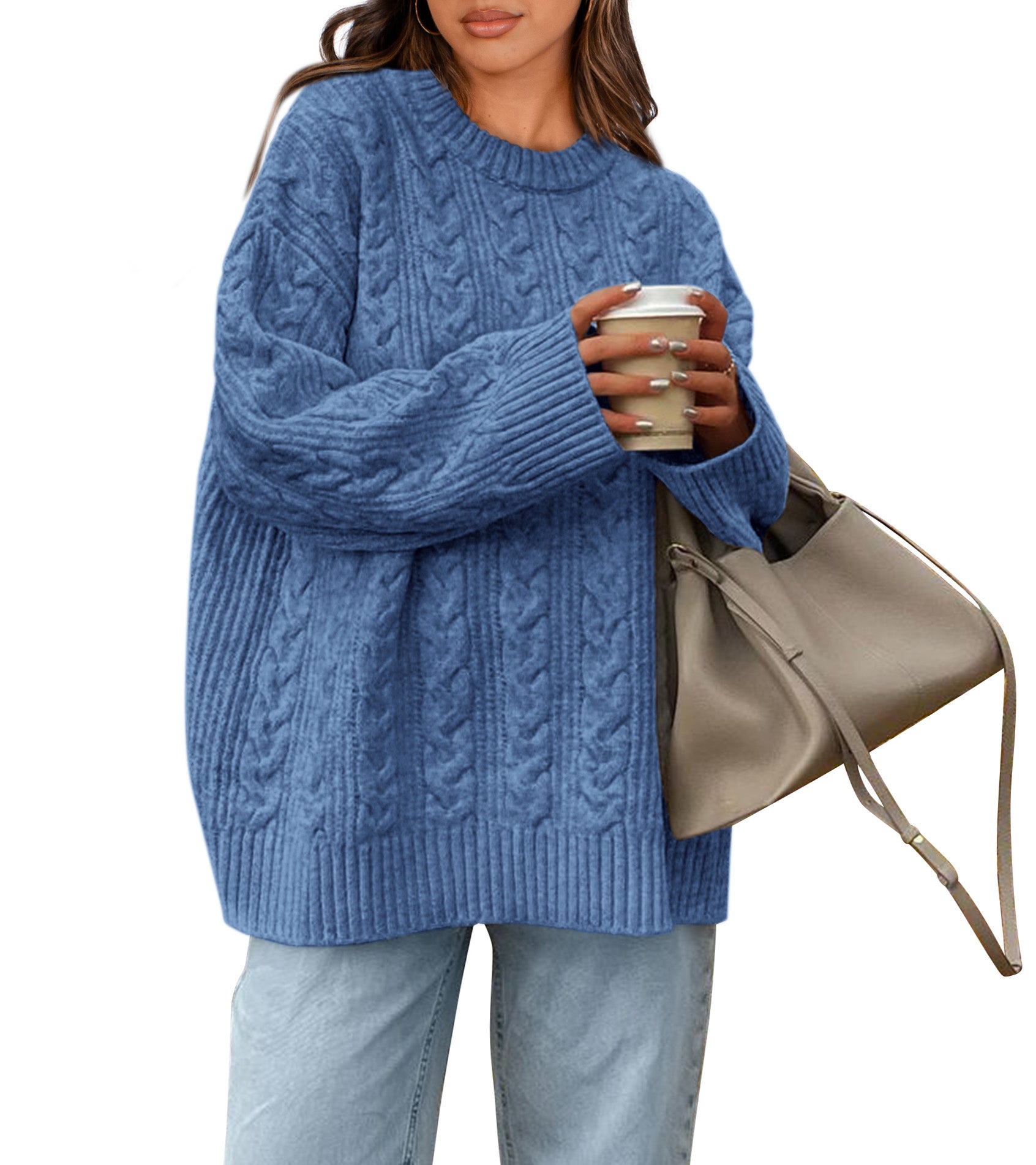 Okiwam Women's Oversized Sweaters Crewneck Cable Knit Pullover Casual Loose Fall Outfits Spring Fashion Clothes 2026