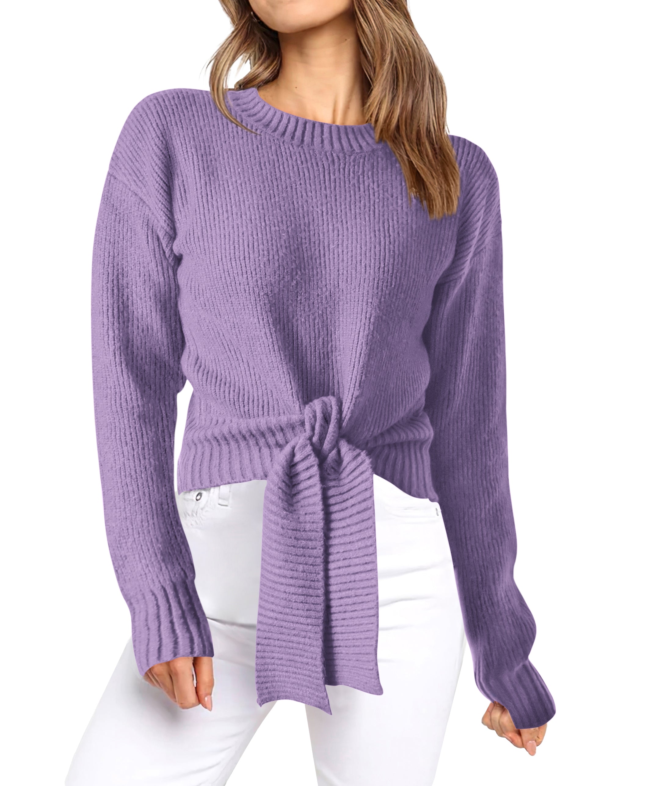 Womens Sweater Long Sleeve Tie Front Crop Tops,Casual Knit Pullover,Crew Neck,School Outfits,Early Fall Fashion