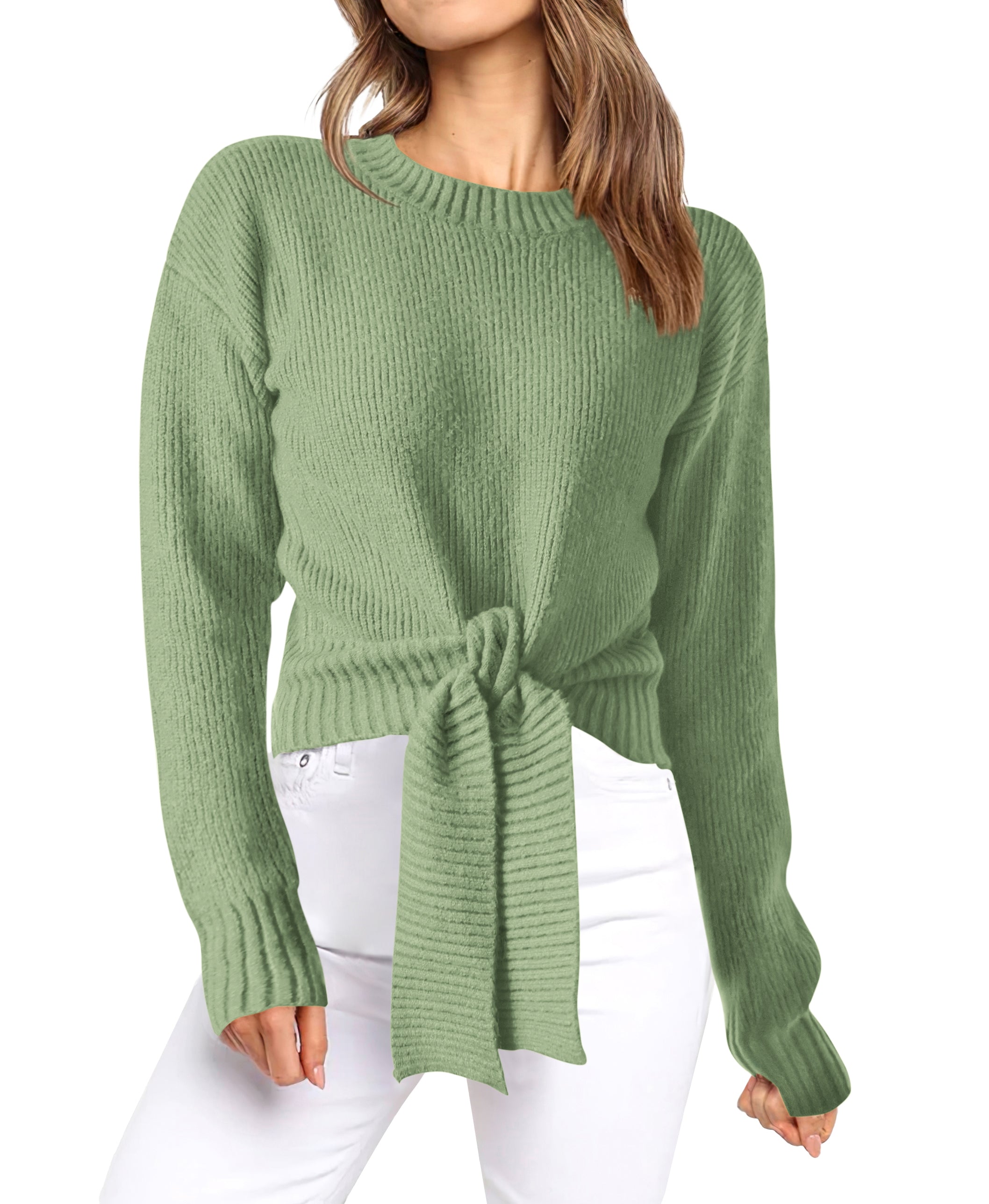 Womens Sweater Long Sleeve Tie Front Crop Tops,Casual Knit Pullover,Crew Neck,School Outfits,Early Fall Fashion