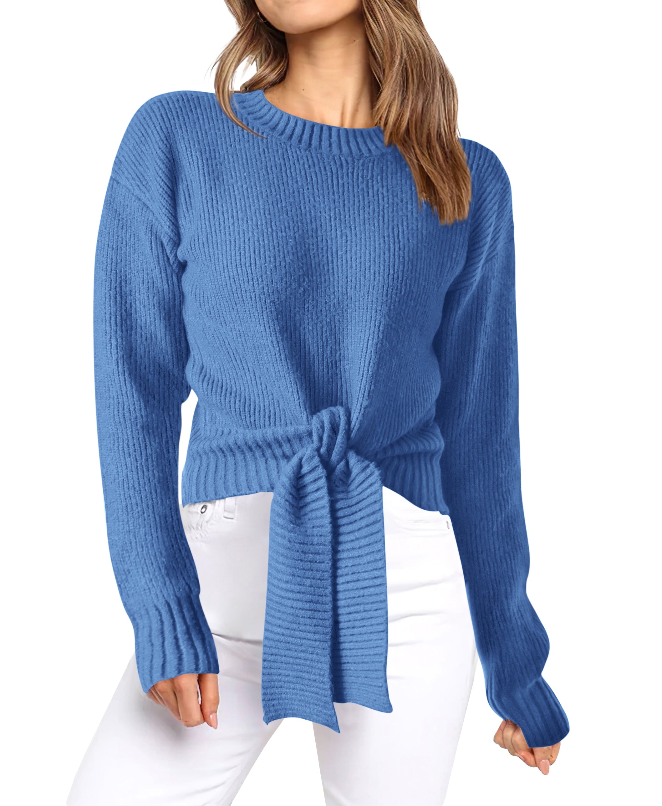 Womens Sweater Long Sleeve Tie Front Crop Tops,Casual Knit Pullover,Crew Neck,School Outfits,Early Fall Fashion