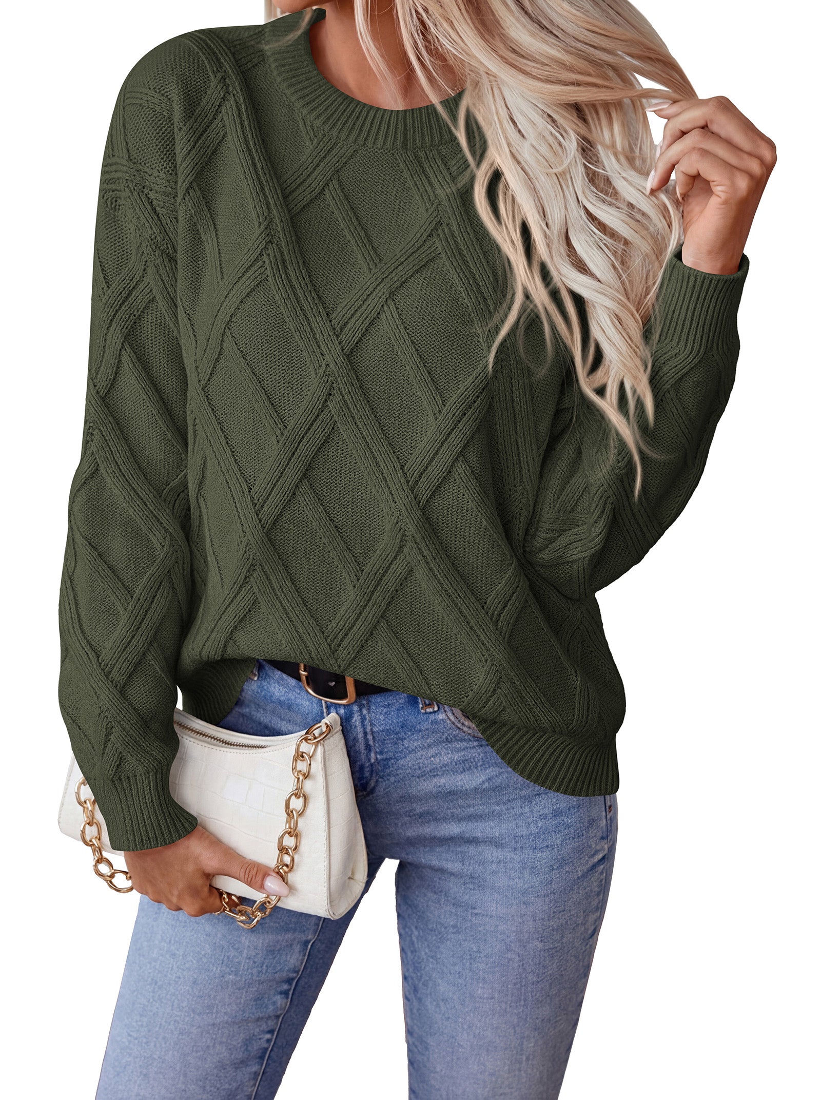 Okiwam Women's Sweaters Long Sleeve Crewneck Cable Knit Pullover Fall Outfits Fashion Clothing 2026