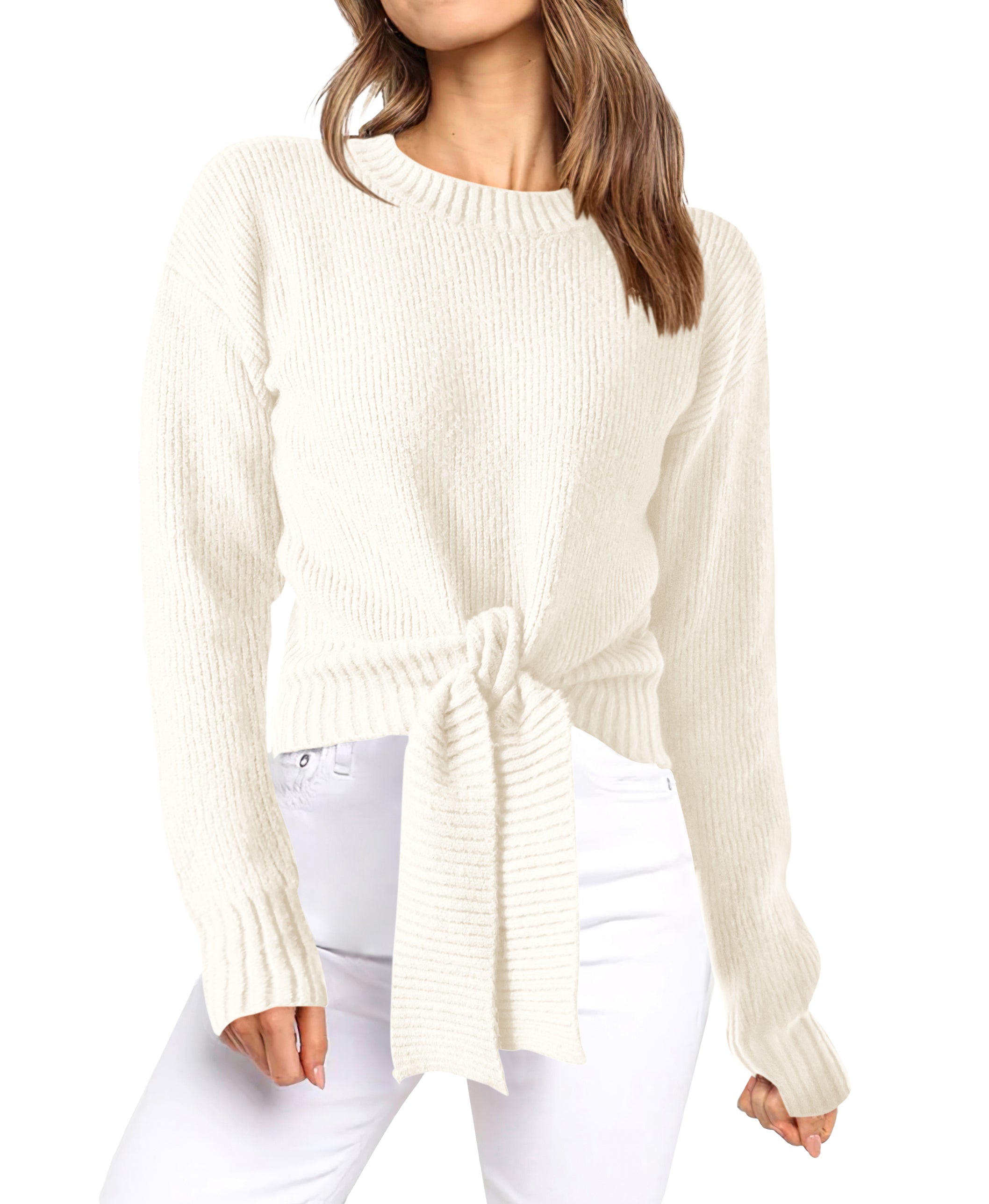 Womens Sweater Long Sleeve Tie Front Crop Tops,Casual Knit Pullover,Crew Neck,School Outfits,Early Fall Fashion