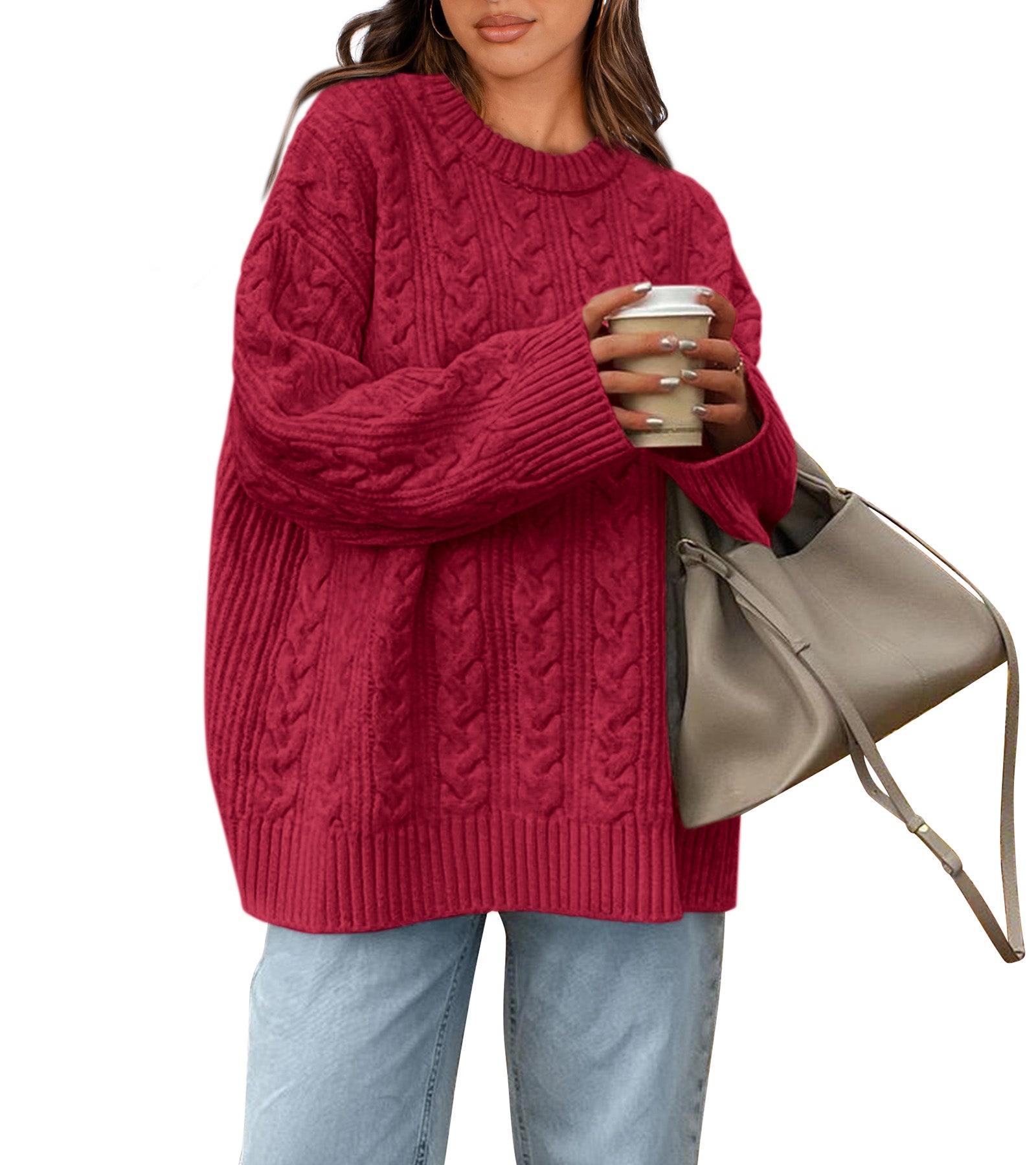 Okiwam Women's Oversized Sweaters Crewneck Cable Knit Pullover Casual Loose Fall Outfits Spring Fashion Clothes 2026