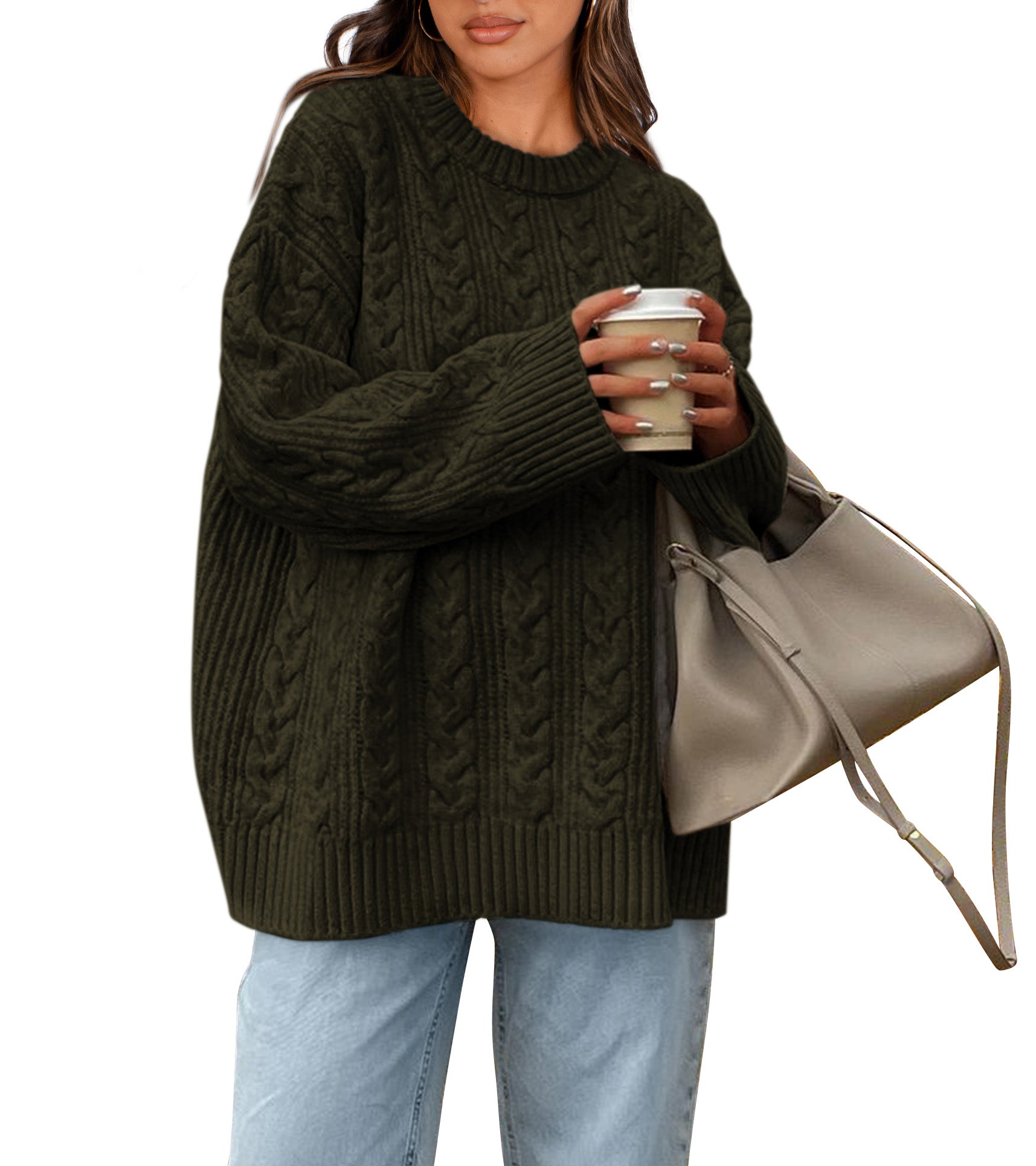 Okiwam Women's Oversized Sweaters Crewneck Cable Knit Pullover Casual Loose Fall Outfits Spring Fashion Clothes 2026