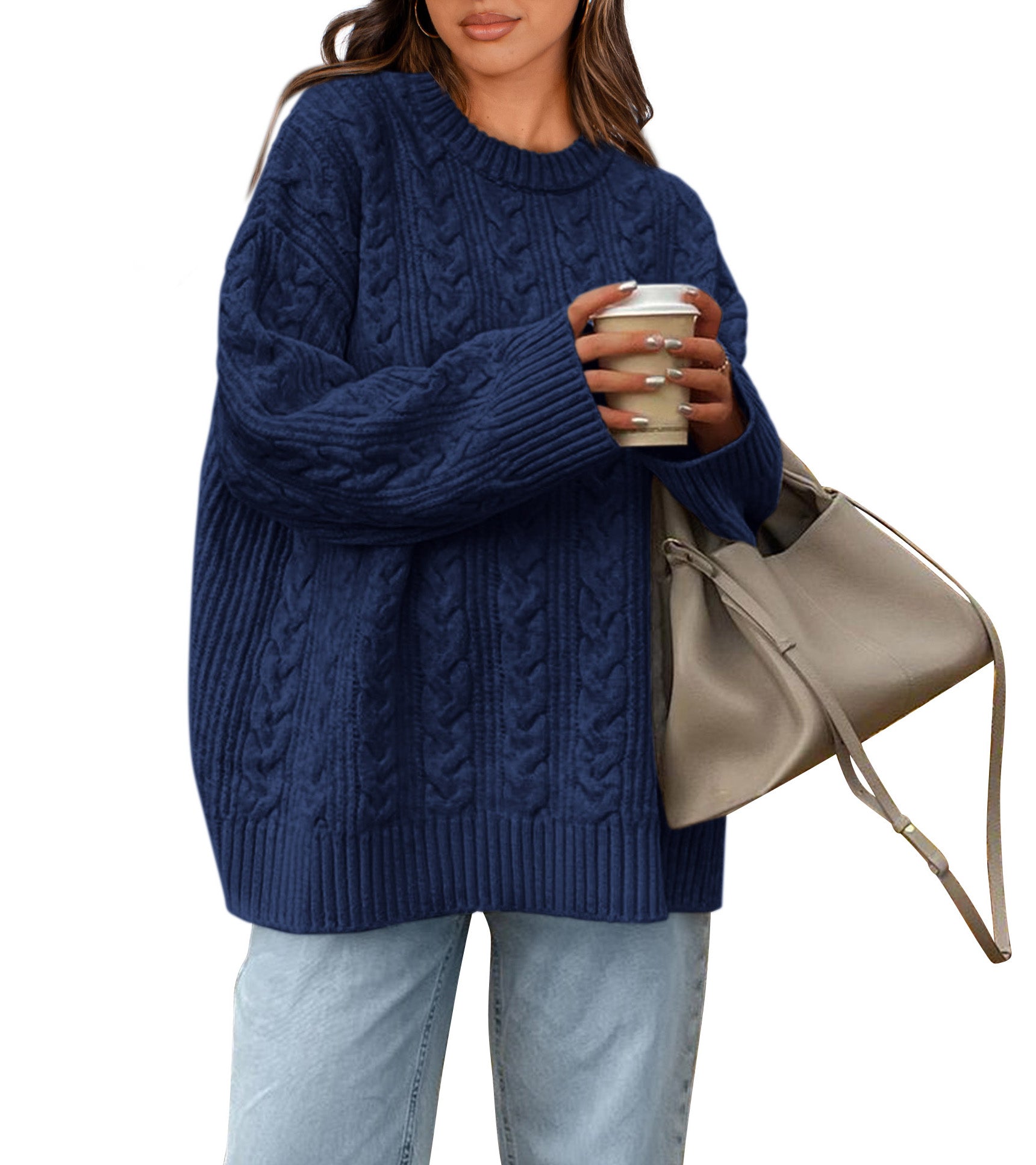 Okiwam Women's Oversized Sweaters Crewneck Cable Knit Pullover Casual Loose Fall Outfits Spring Fashion Clothes 2026