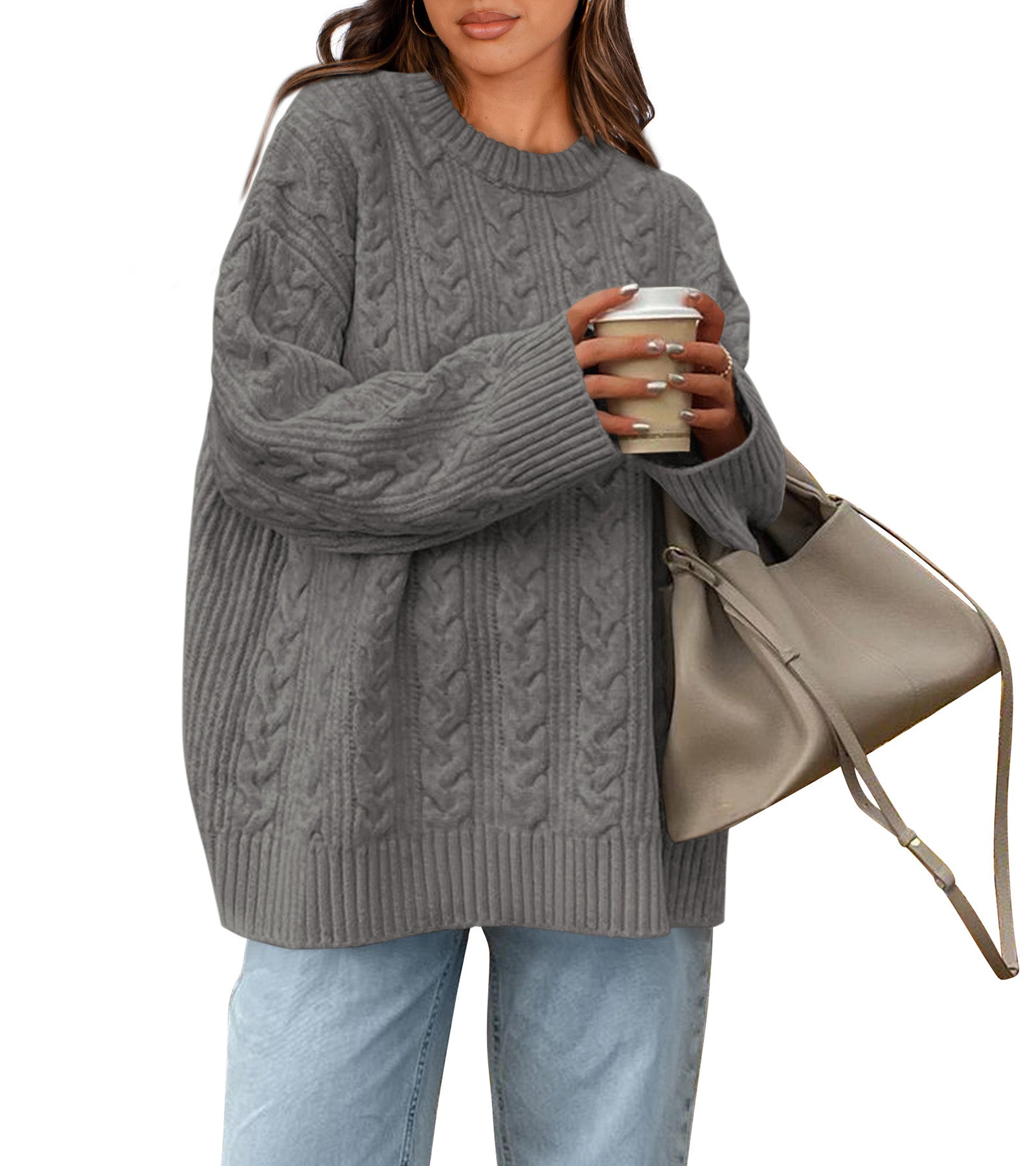 Okiwam Women's Oversized Sweaters Crewneck Cable Knit Pullover Casual Loose Fall Outfits Spring Fashion Clothes 2026