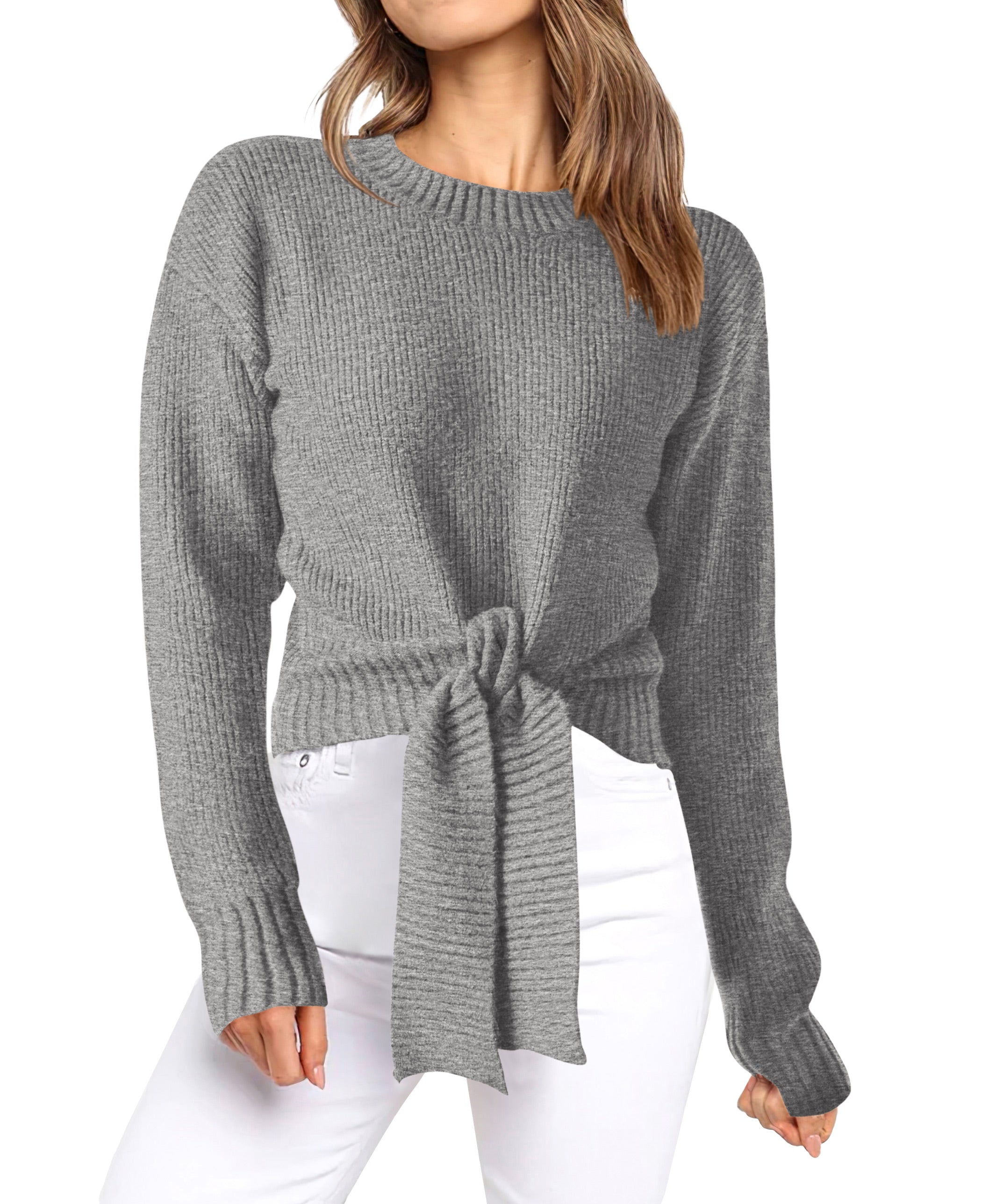 Womens Sweater Long Sleeve Tie Front Crop Tops,Casual Knit Pullover,Crew Neck,School Outfits,Early Fall Fashion