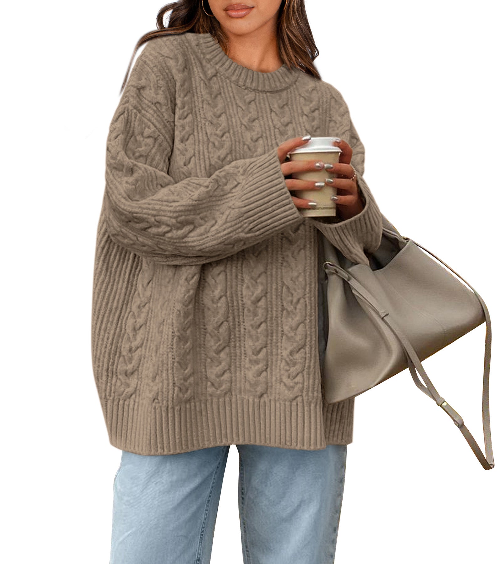 Okiwam Women's Oversized Sweaters Crewneck Cable Knit Pullover Casual Loose Fall Outfits Spring Fashion Clothes 2026