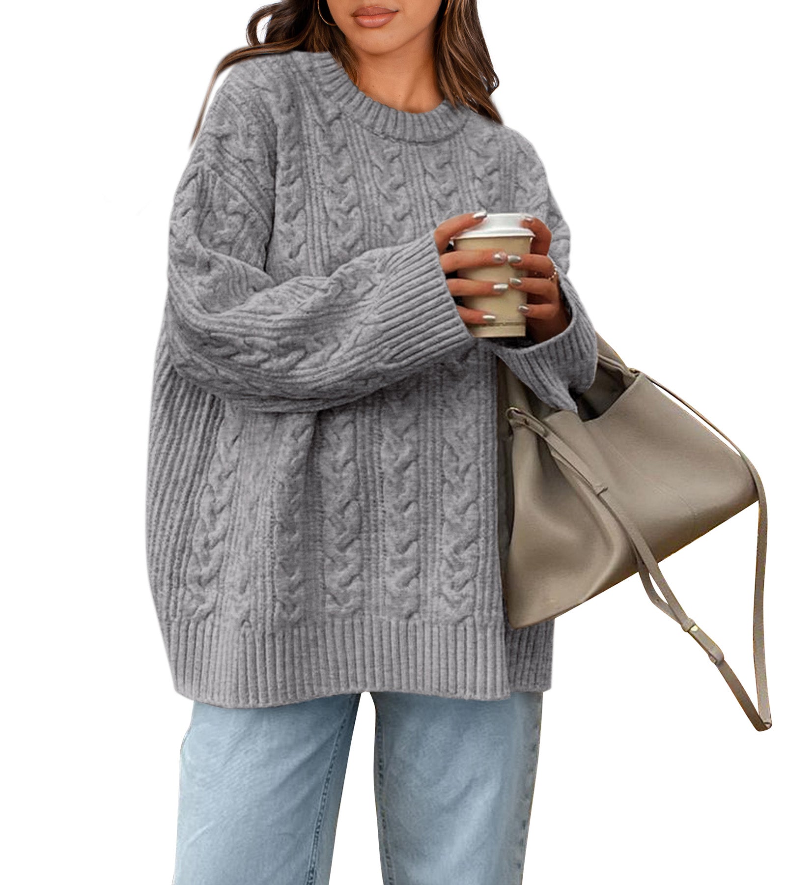 Okiwam Women's Oversized Sweaters Crewneck Cable Knit Pullover Casual Loose Fall Outfits Spring Fashion Clothes 2026