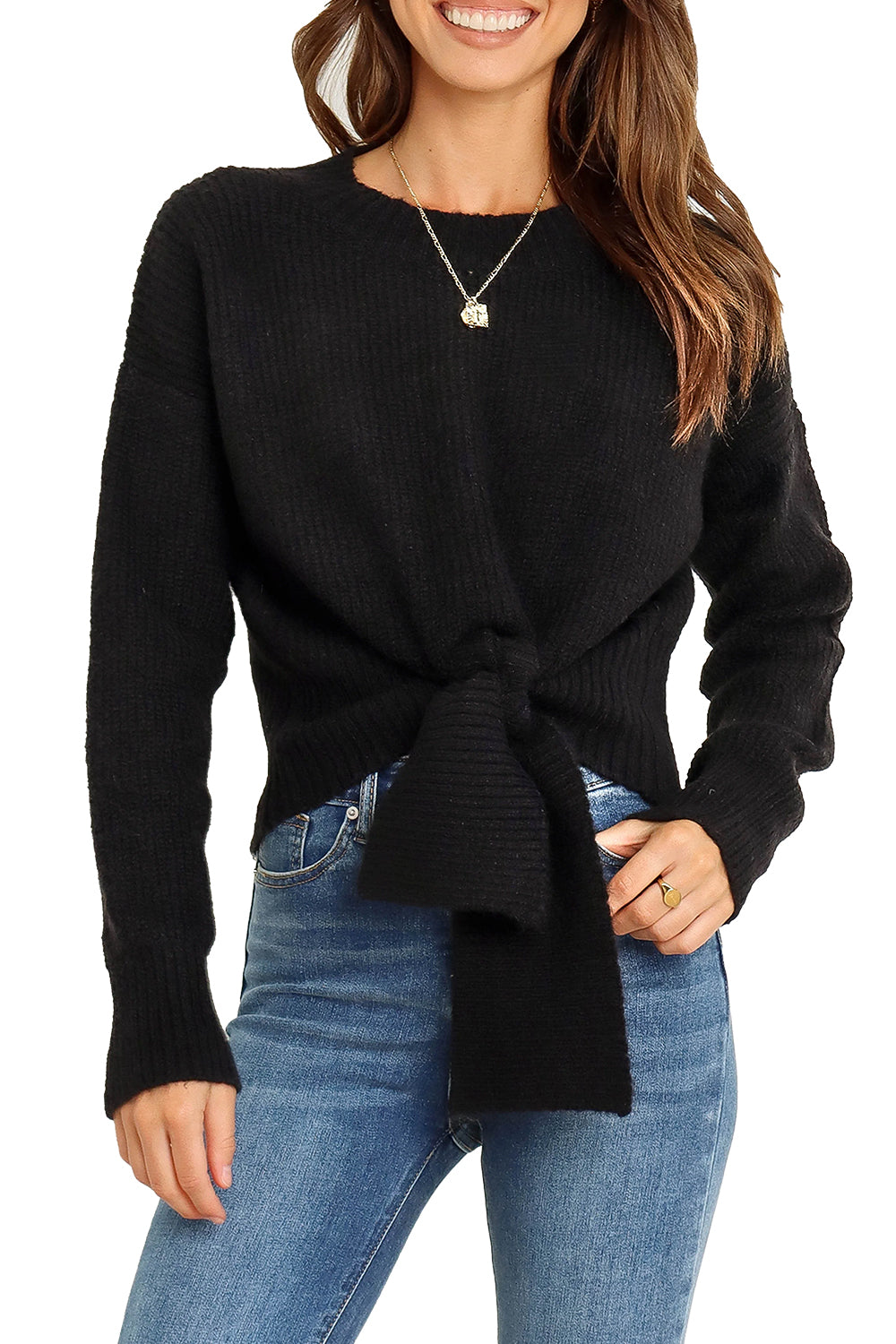 Womens Sweater Long Sleeve Tie Front Crop Tops,Casual Knit Pullover,Crew Neck,School Outfits,Early Fall Fashion