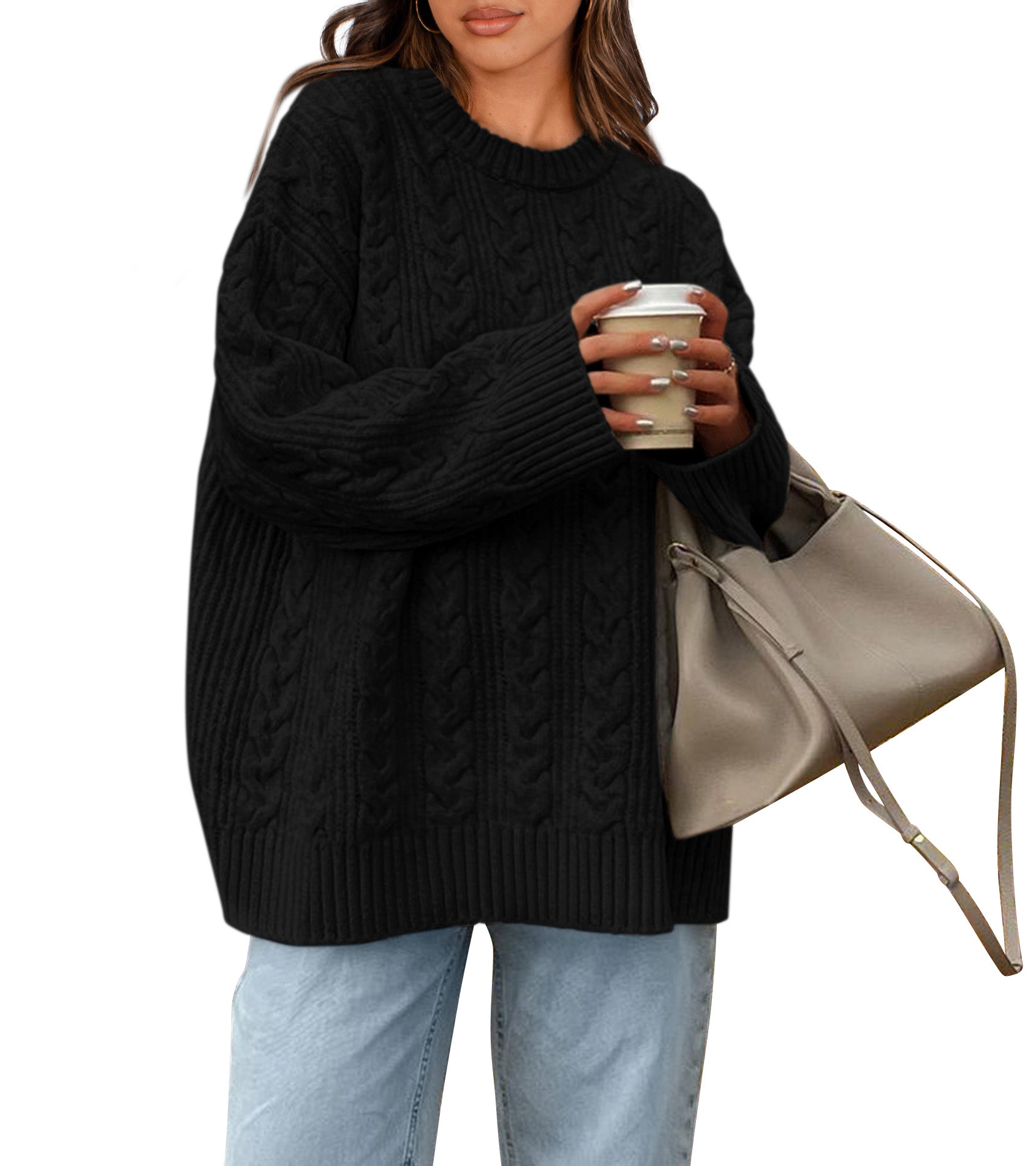 Okiwam Women's Oversized Sweaters Crewneck Cable Knit Pullover Casual Loose Fall Outfits Spring Fashion Clothes 2026