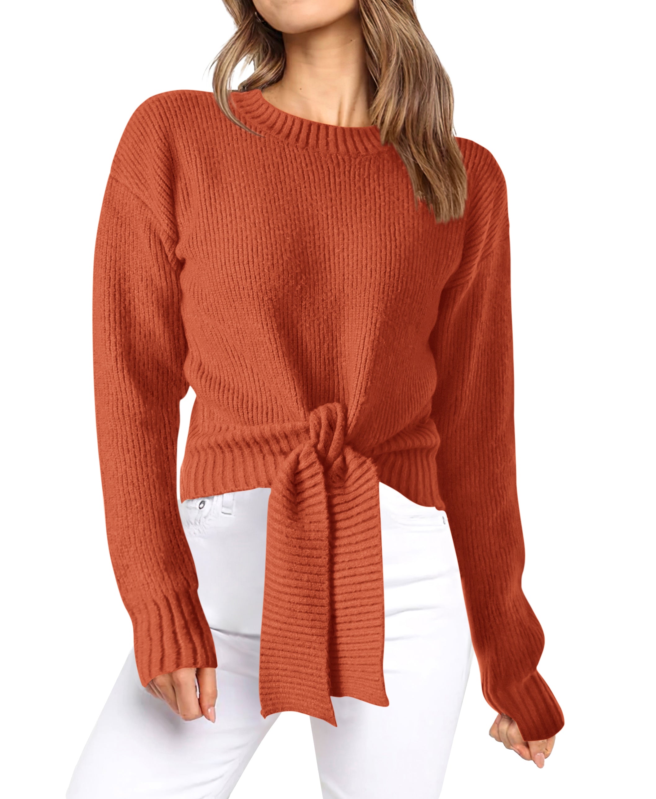 Womens Sweater Long Sleeve Tie Front Crop Tops,Casual Knit Pullover,Crew Neck,School Outfits,Early Fall Fashion