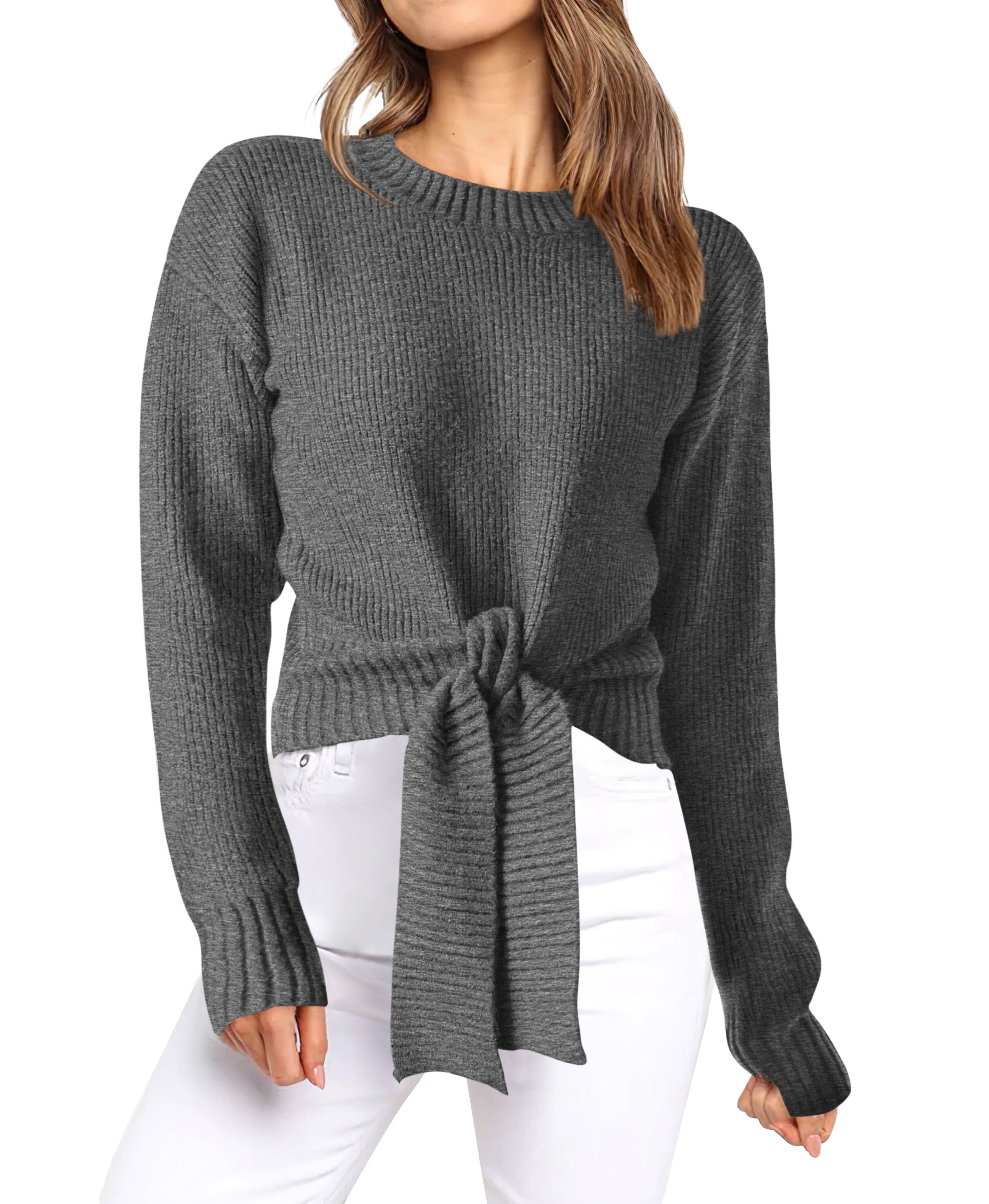 Womens Sweater Long Sleeve Tie Front Crop Tops,Casual Knit Pullover,Crew Neck,School Outfits,Early Fall Fashion