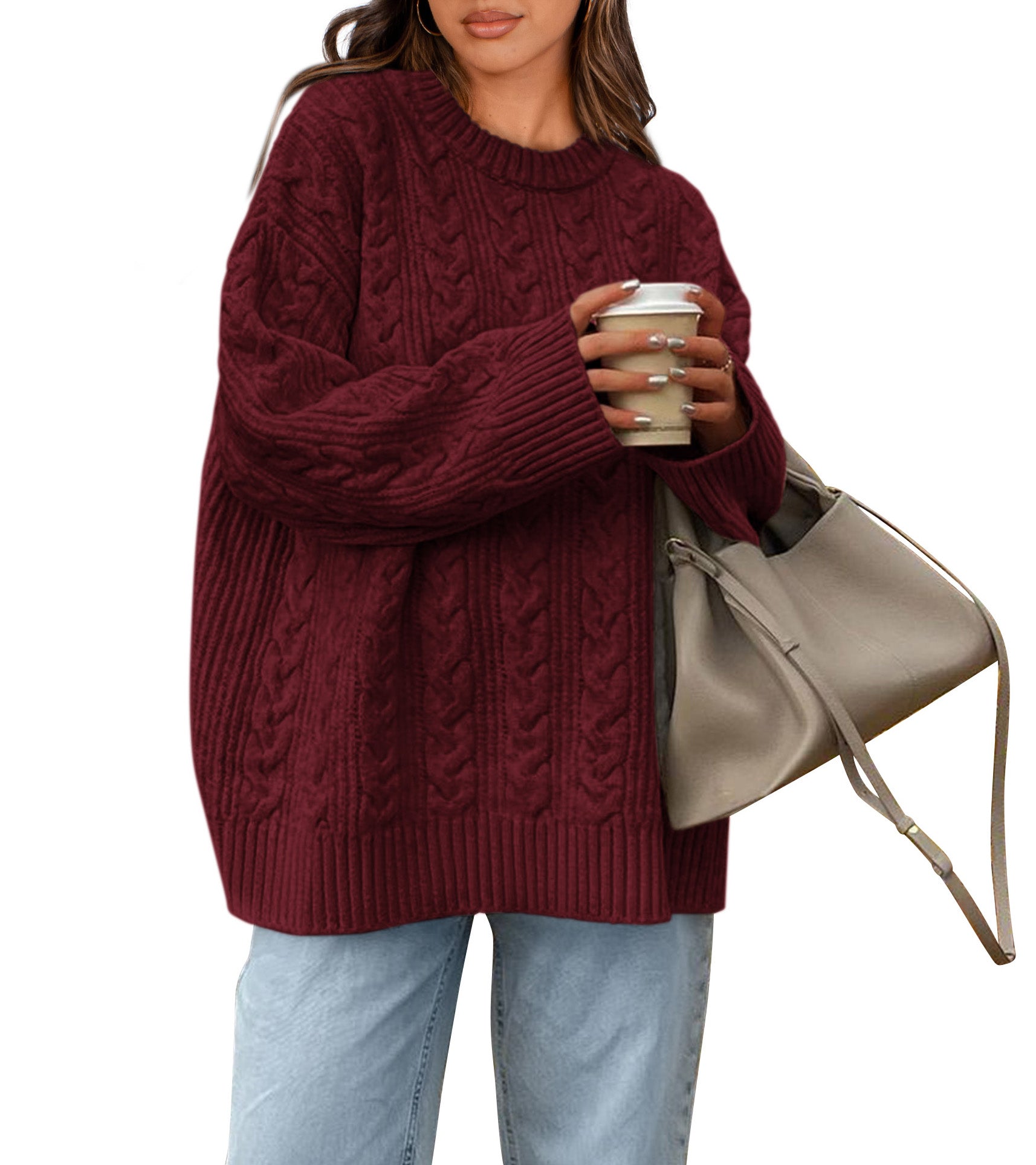 Okiwam Women's Oversized Sweaters Crewneck Cable Knit Pullover Casual Loose Fall Outfits Spring Fashion Clothes 2026