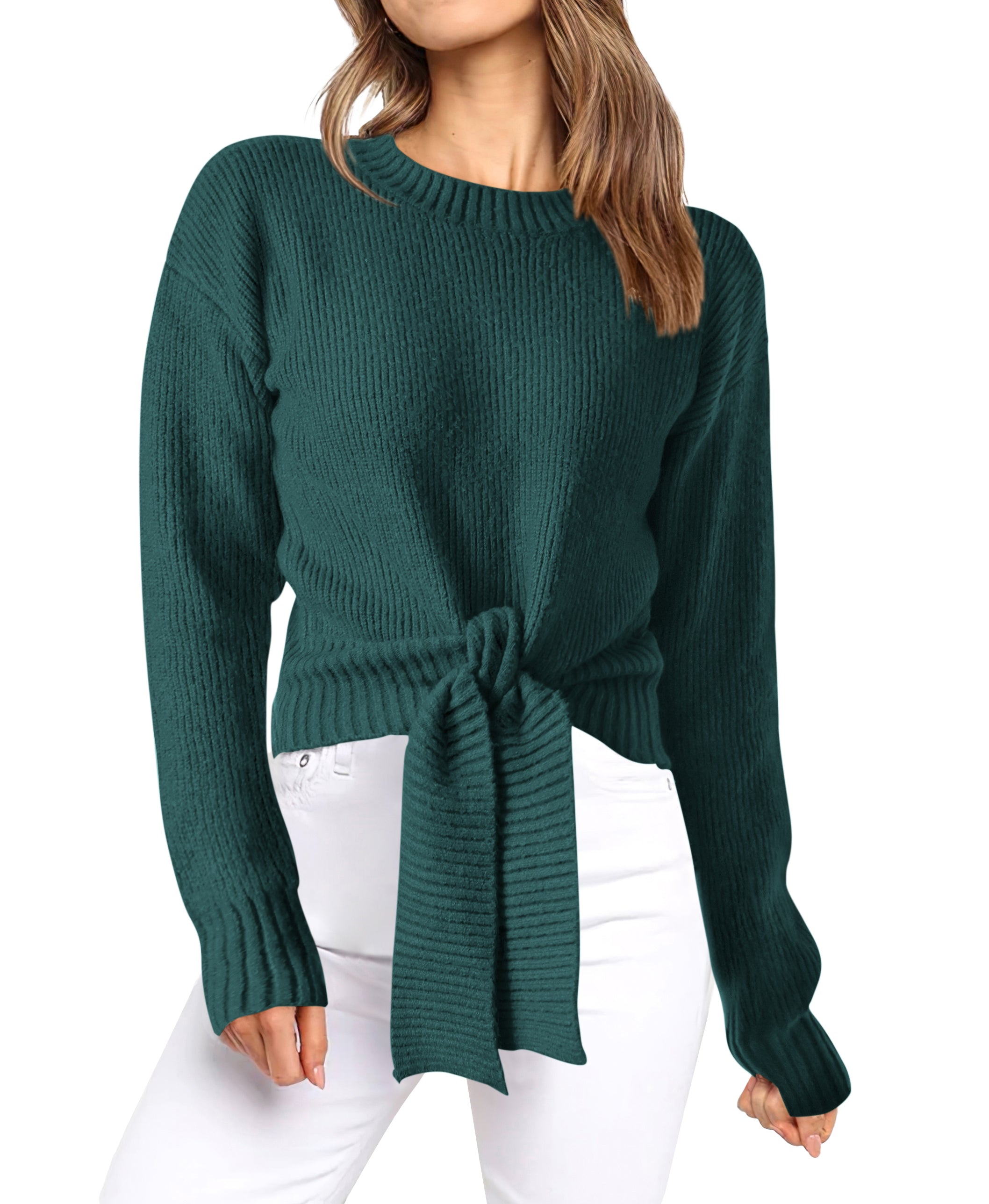 Womens Sweater Long Sleeve Tie Front Crop Tops,Casual Knit Pullover,Crew Neck,School Outfits,Early Fall Fashion