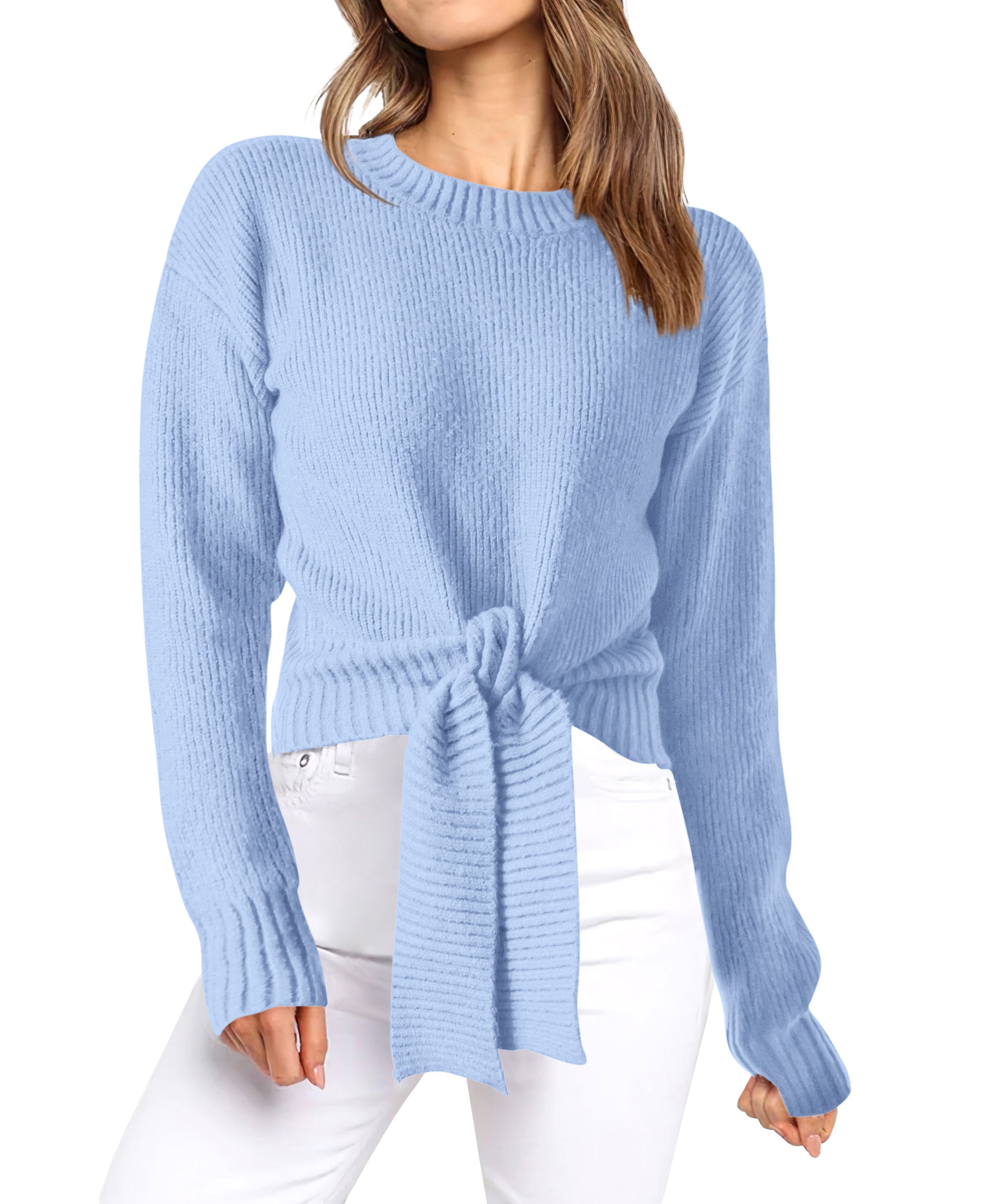 Womens Sweater Long Sleeve Tie Front Crop Tops,Casual Knit Pullover,Crew Neck,School Outfits,Early Fall Fashion