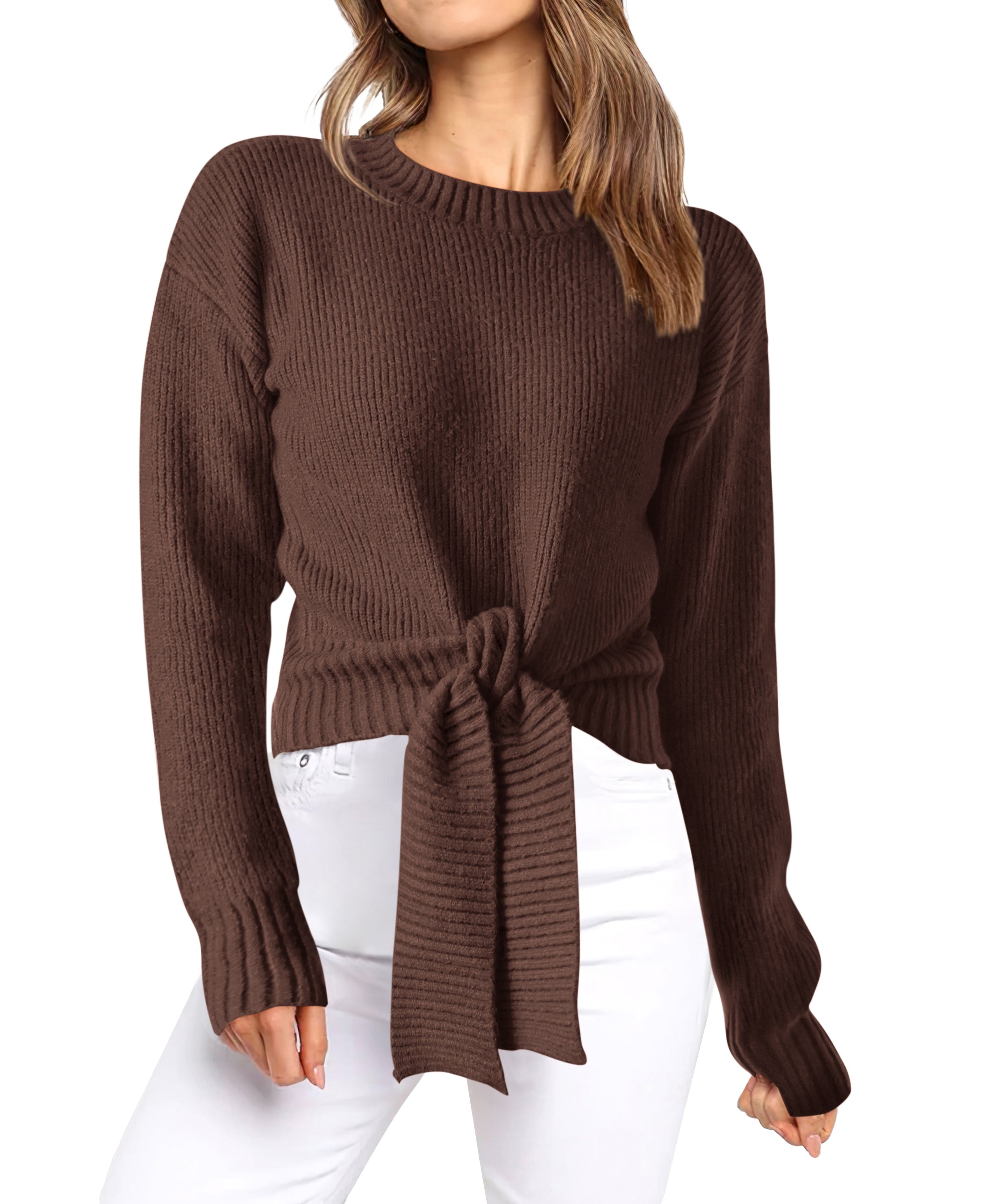 Womens Sweater Long Sleeve Tie Front Crop Tops,Casual Knit Pullover,Crew Neck,School Outfits,Early Fall Fashion