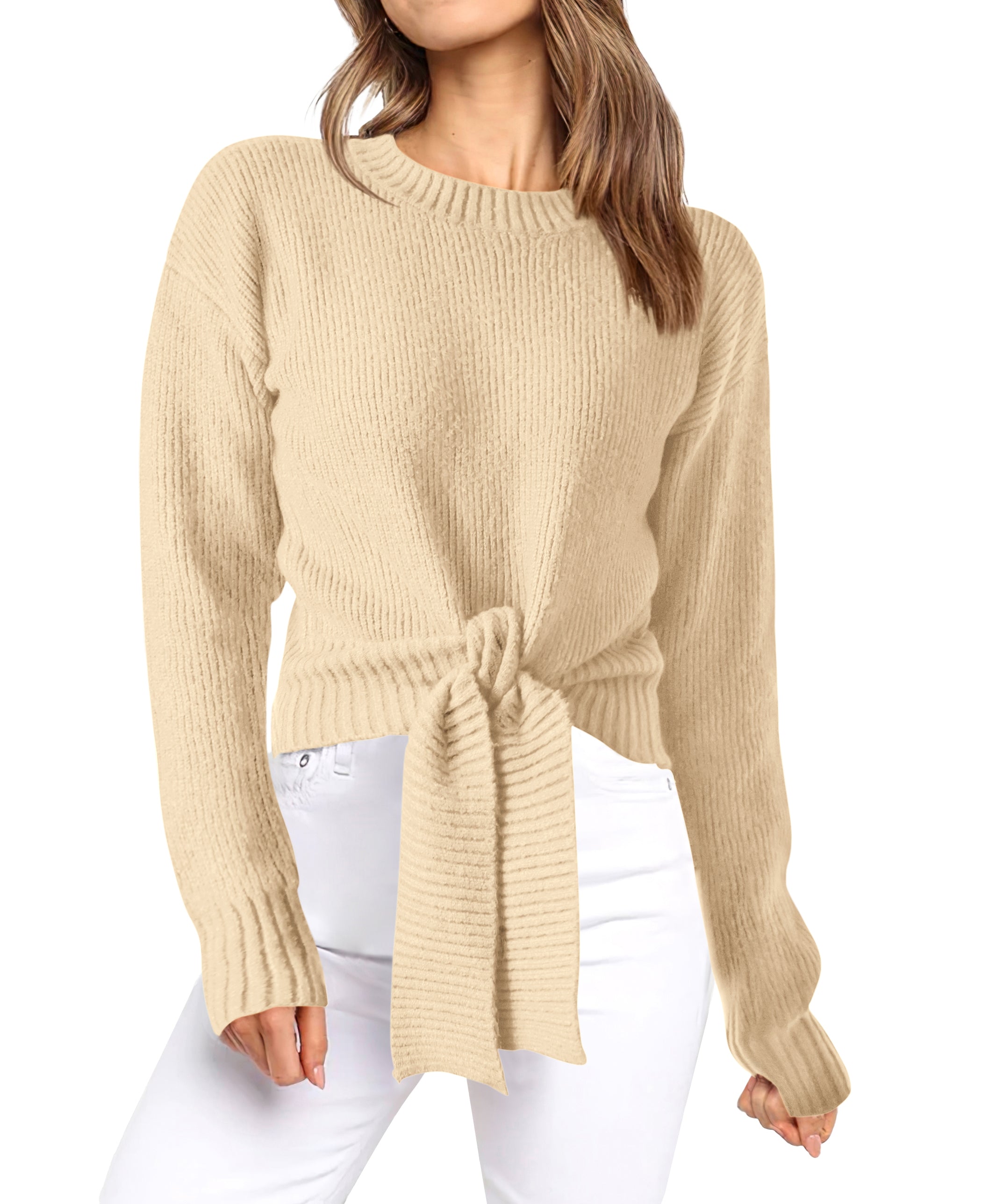 Womens Sweater Long Sleeve Tie Front Crop Tops,Casual Knit Pullover,Crew Neck,School Outfits,Early Fall Fashion