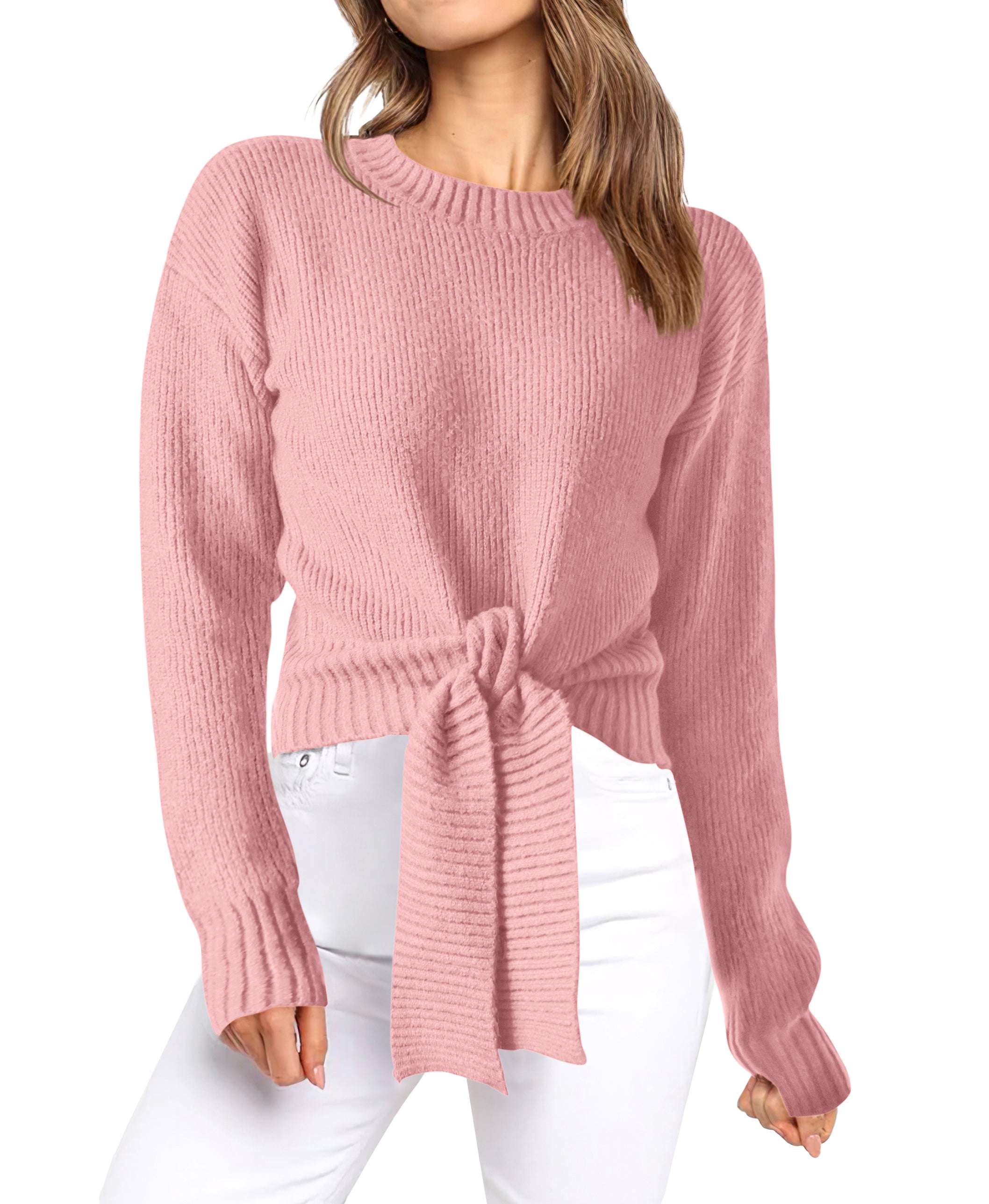 Womens Sweater Long Sleeve Tie Front Crop Tops,Casual Knit Pullover,Crew Neck,School Outfits,Early Fall Fashion