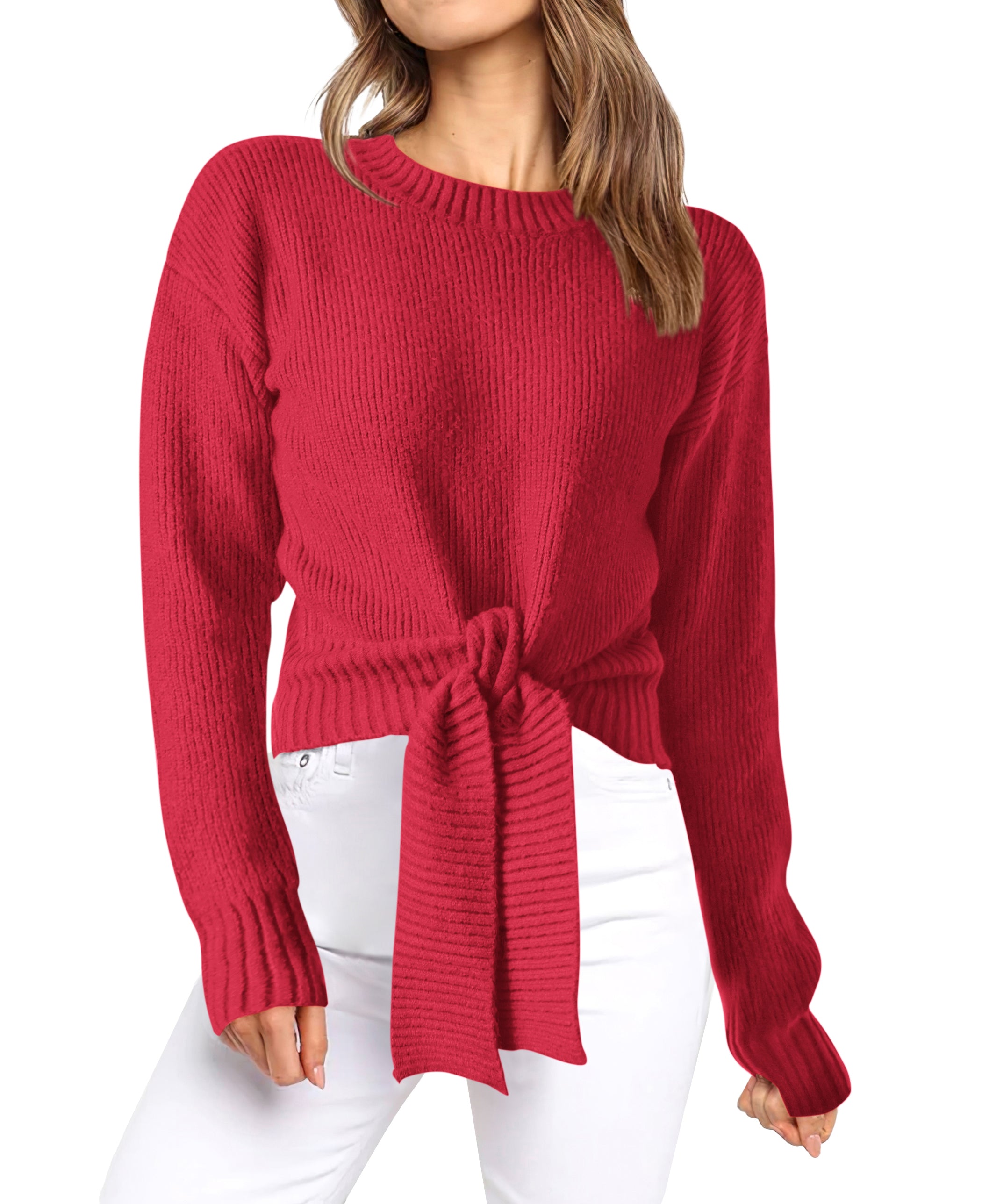 Womens Sweater Long Sleeve Tie Front Crop Tops,Casual Knit Pullover,Crew Neck,School Outfits,Early Fall Fashion