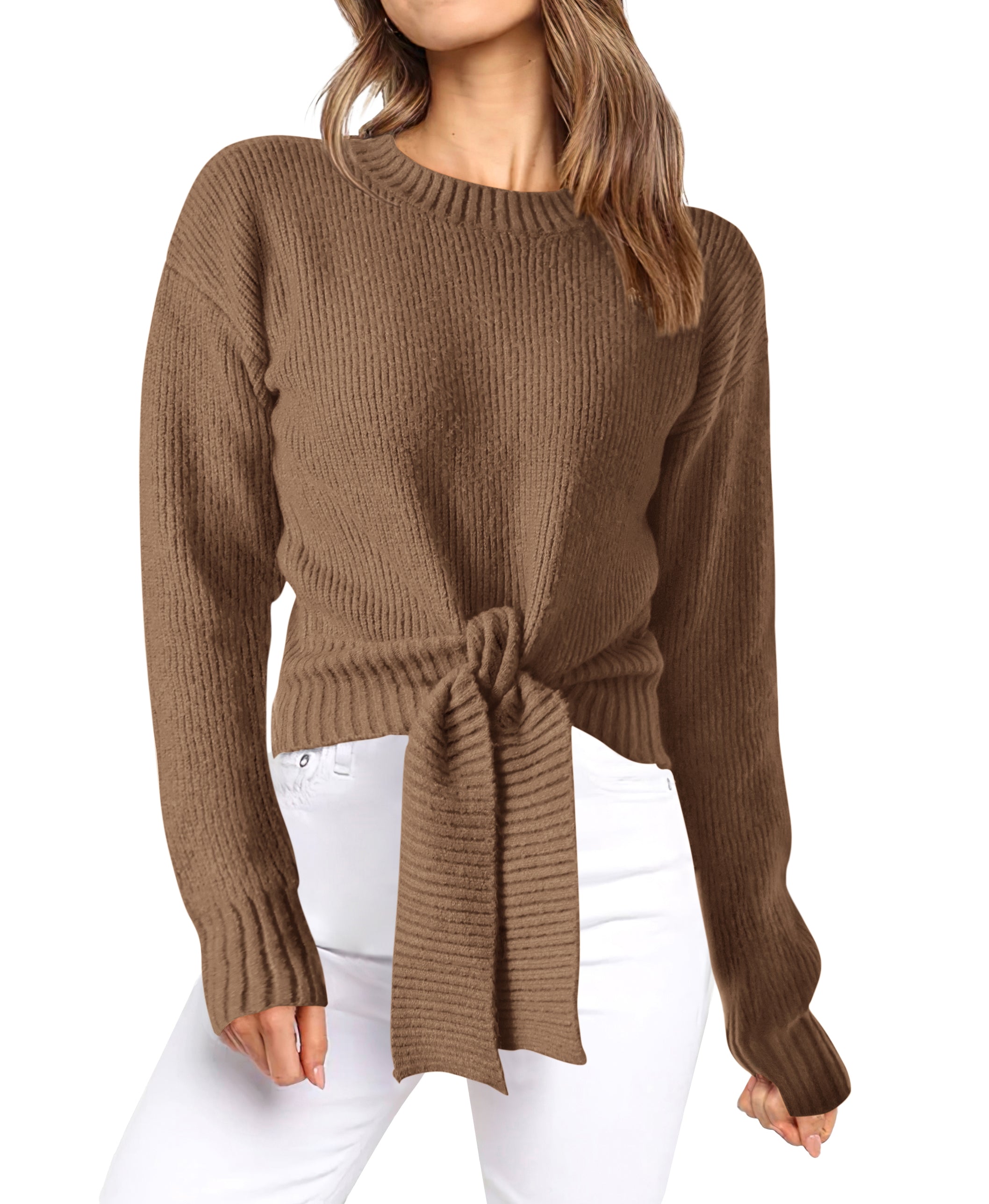Womens Sweater Long Sleeve Tie Front Crop Tops,Casual Knit Pullover,Crew Neck,School Outfits,Early Fall Fashion