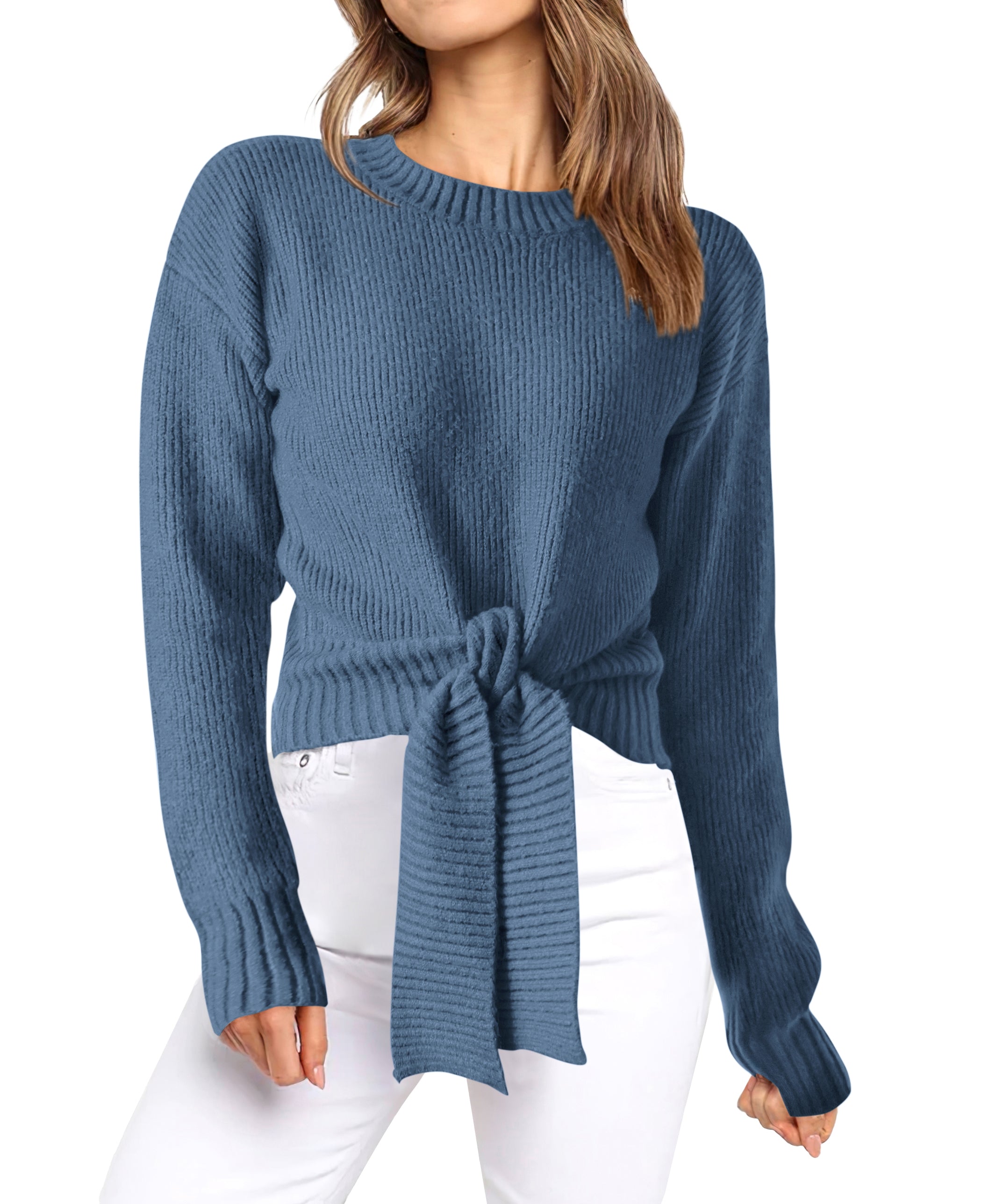 Womens Sweater Long Sleeve Tie Front Crop Tops,Casual Knit Pullover,Crew Neck,School Outfits,Early Fall Fashion