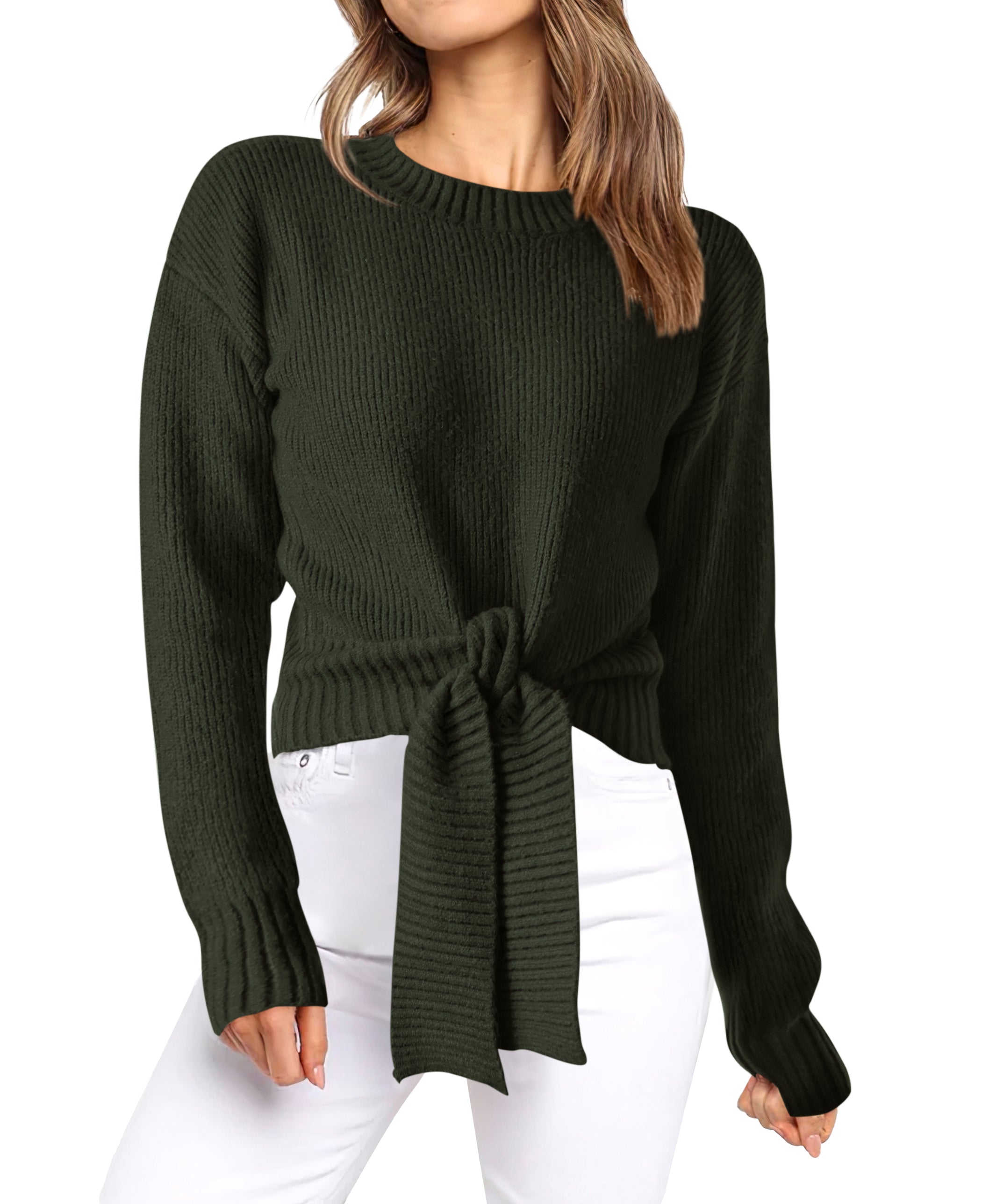 Womens Sweater Long Sleeve Tie Front Crop Tops,Casual Knit Pullover,Crew Neck,School Outfits,Early Fall Fashion