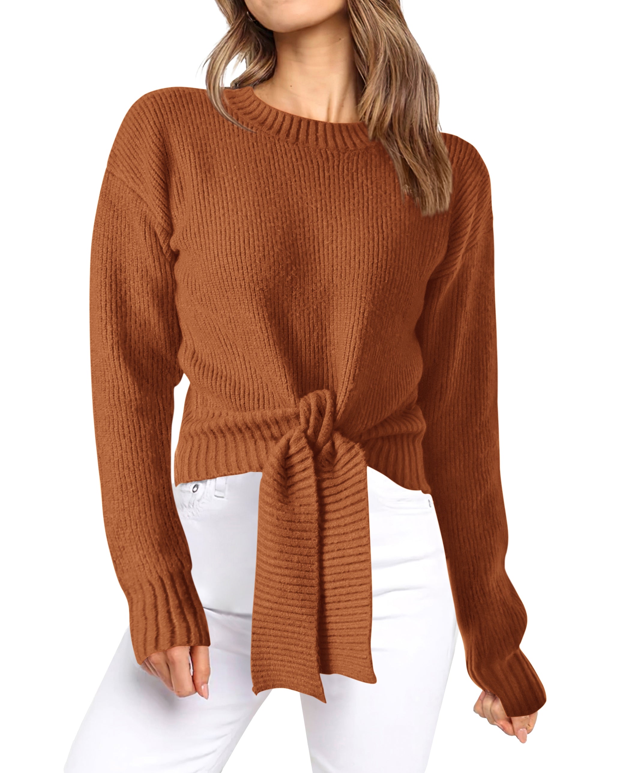 Womens Sweater Long Sleeve Tie Front Crop Tops,Casual Knit Pullover,Crew Neck,School Outfits,Early Fall Fashion
