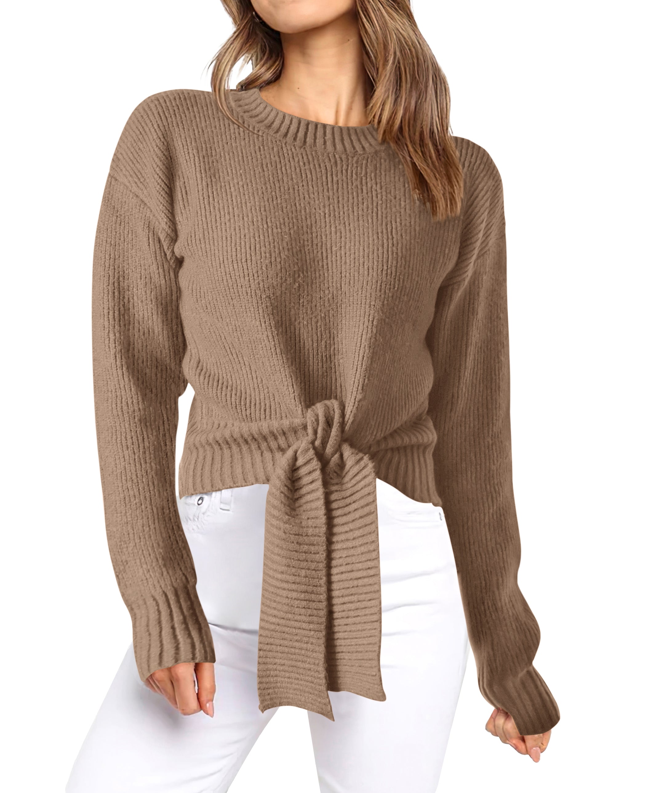 Womens Sweater Long Sleeve Tie Front Crop Tops,Casual Knit Pullover,Crew Neck,School Outfits,Early Fall Fashion