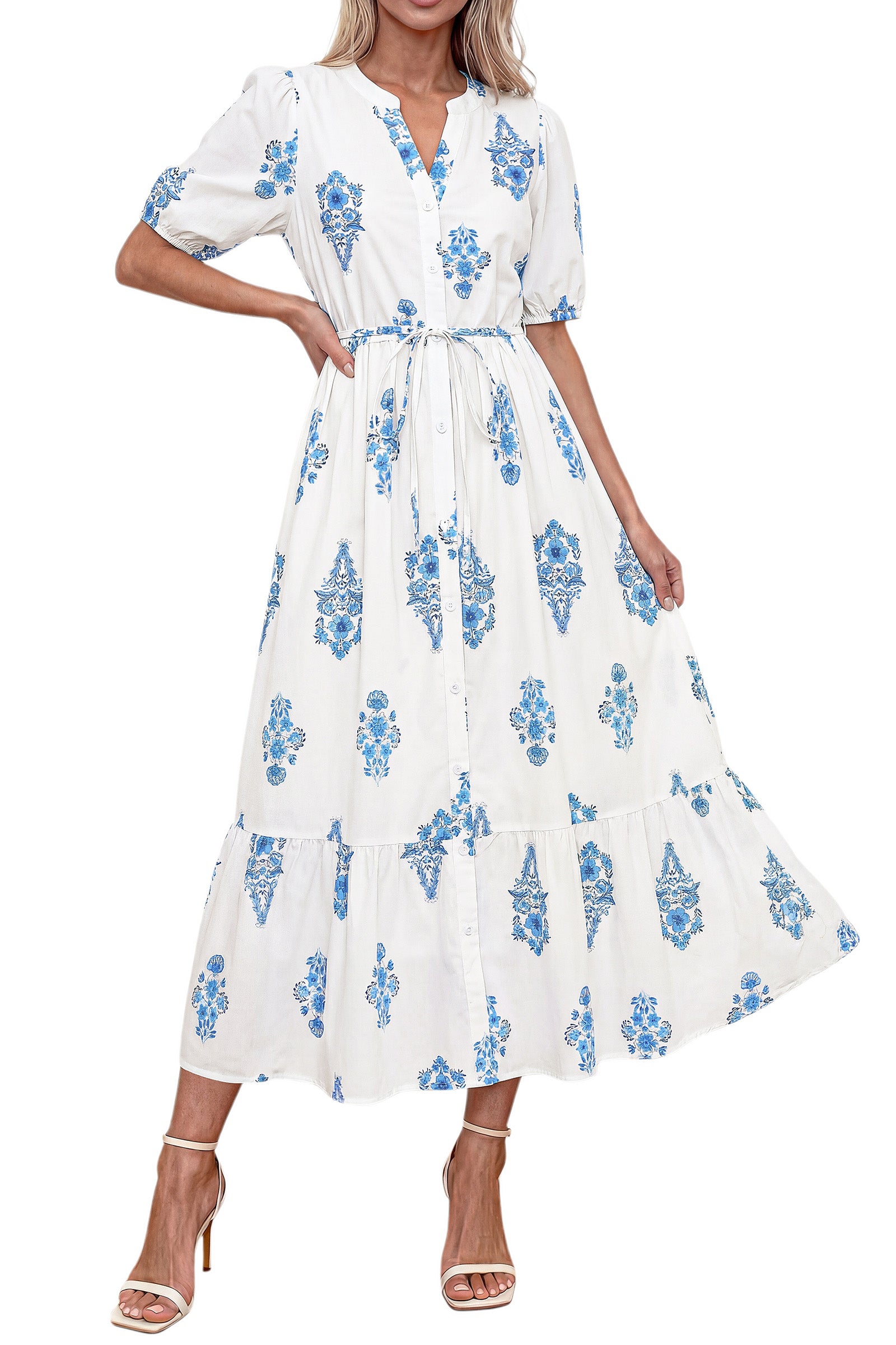 Okiwam Summer Dresses for Women 2025 Casual Midi Maxi Dresses Short Sleeve V Neck Elastic Tie Waist Beach Sundress Pockets