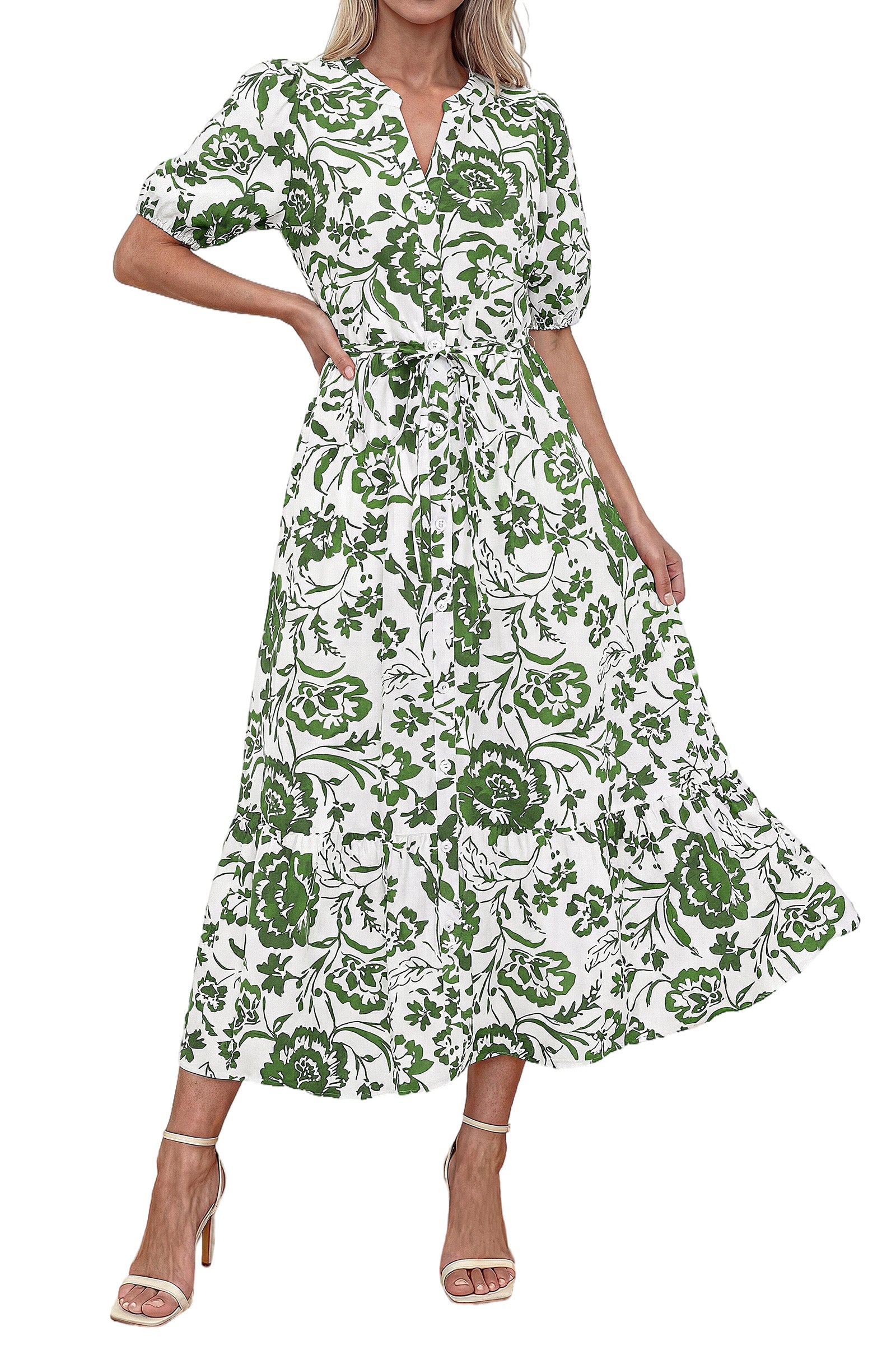 Okiwam Summer Dresses for Women 2025 Casual Midi Maxi Dresses Short Sleeve V Neck Elastic Tie Waist Beach Sundress Pockets