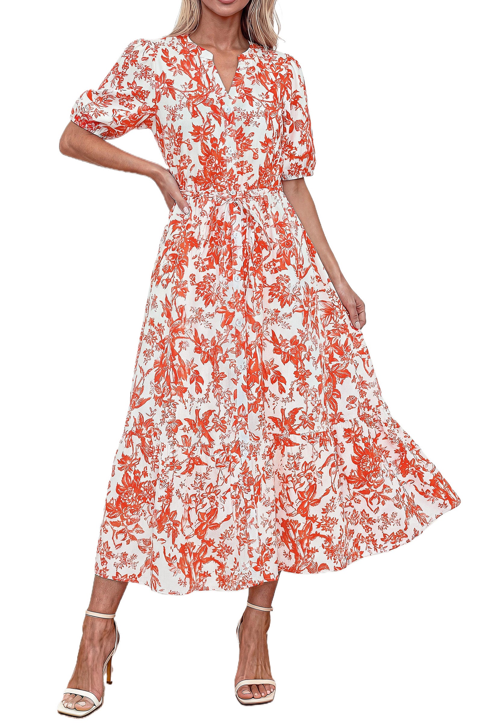 Okiwam Summer Dresses for Women 2025 Casual Midi Maxi Dresses Short Sleeve V Neck Elastic Tie Waist Beach Sundress Pockets