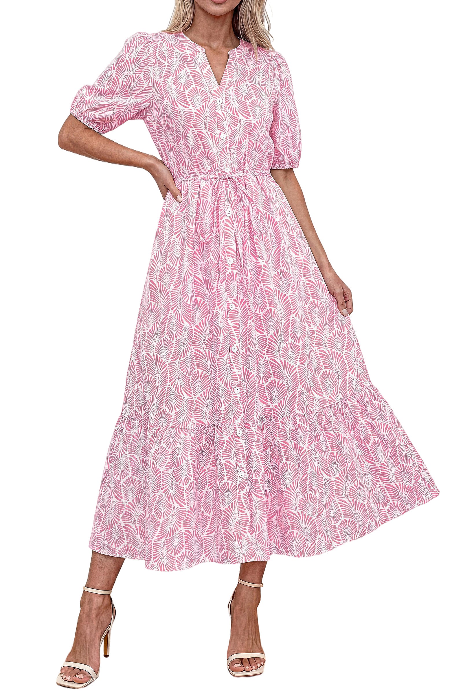 Okiwam Summer Dresses for Women 2025 Casual Midi Maxi Dresses Short Sleeve V Neck Elastic Tie Waist Beach Sundress Pockets