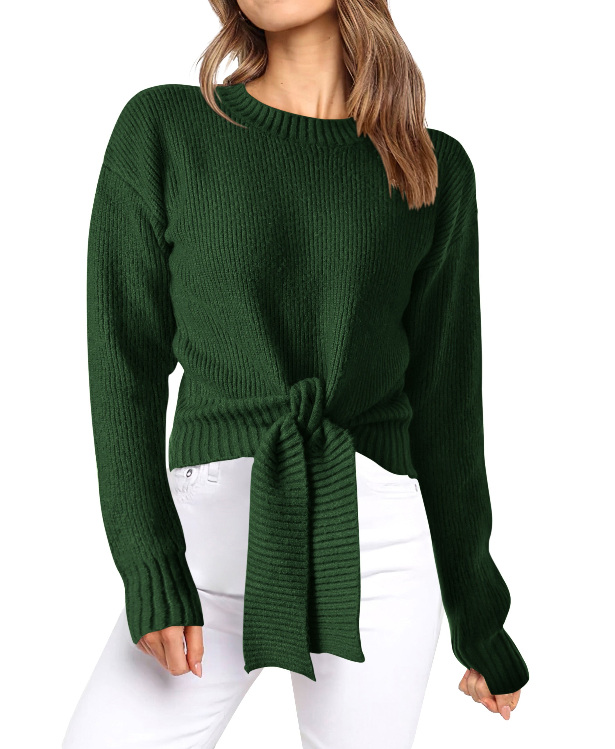 Womens Sweater Long Sleeve Tie Front Crop Tops,Casual Knit Pullover,Crew Neck,School Outfits,Early Fall Fashion
