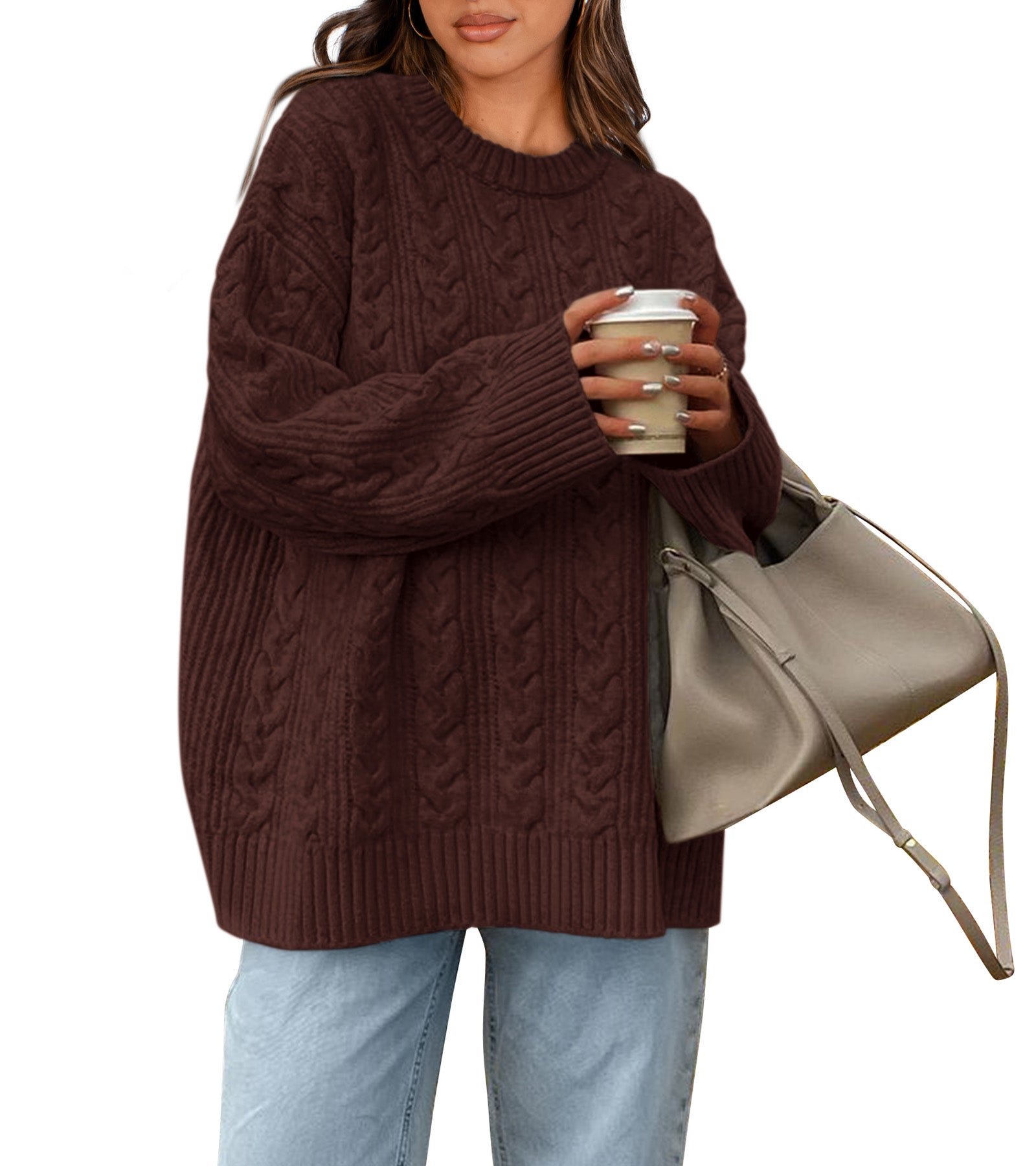 Okiwam Women's Oversized Sweaters Crewneck Cable Knit Pullover Casual Loose Fall Outfits Spring Fashion Clothes 2026