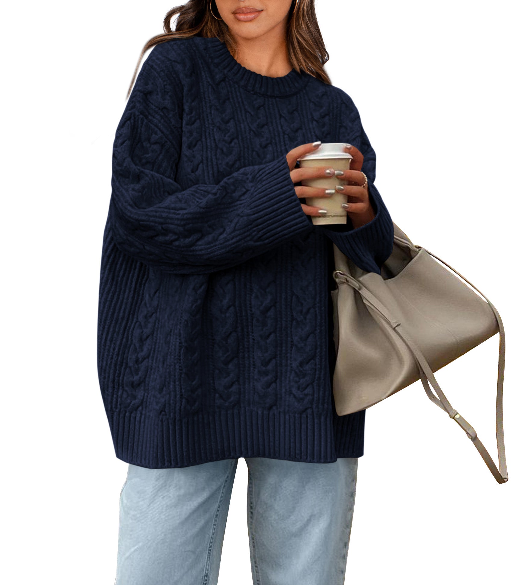 Okiwam Women's Oversized Sweaters Crewneck Cable Knit Pullover Casual Loose Fall Outfits Spring Fashion Clothes 2026