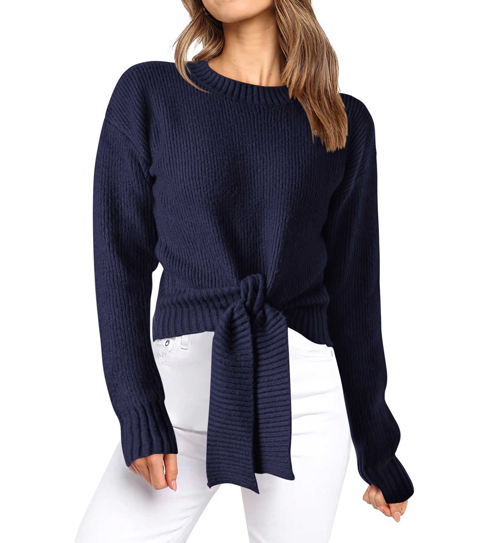 Womens Sweater Long Sleeve Tie Front Crop Tops,Casual Knit Pullover,Crew Neck,School Outfits,Early Fall Fashion
