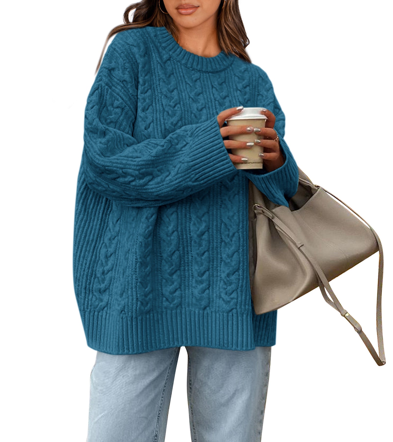 Okiwam Women's Oversized Sweaters Crewneck Cable Knit Pullover Casual Loose Fall Outfits Spring Fashion Clothes 2026