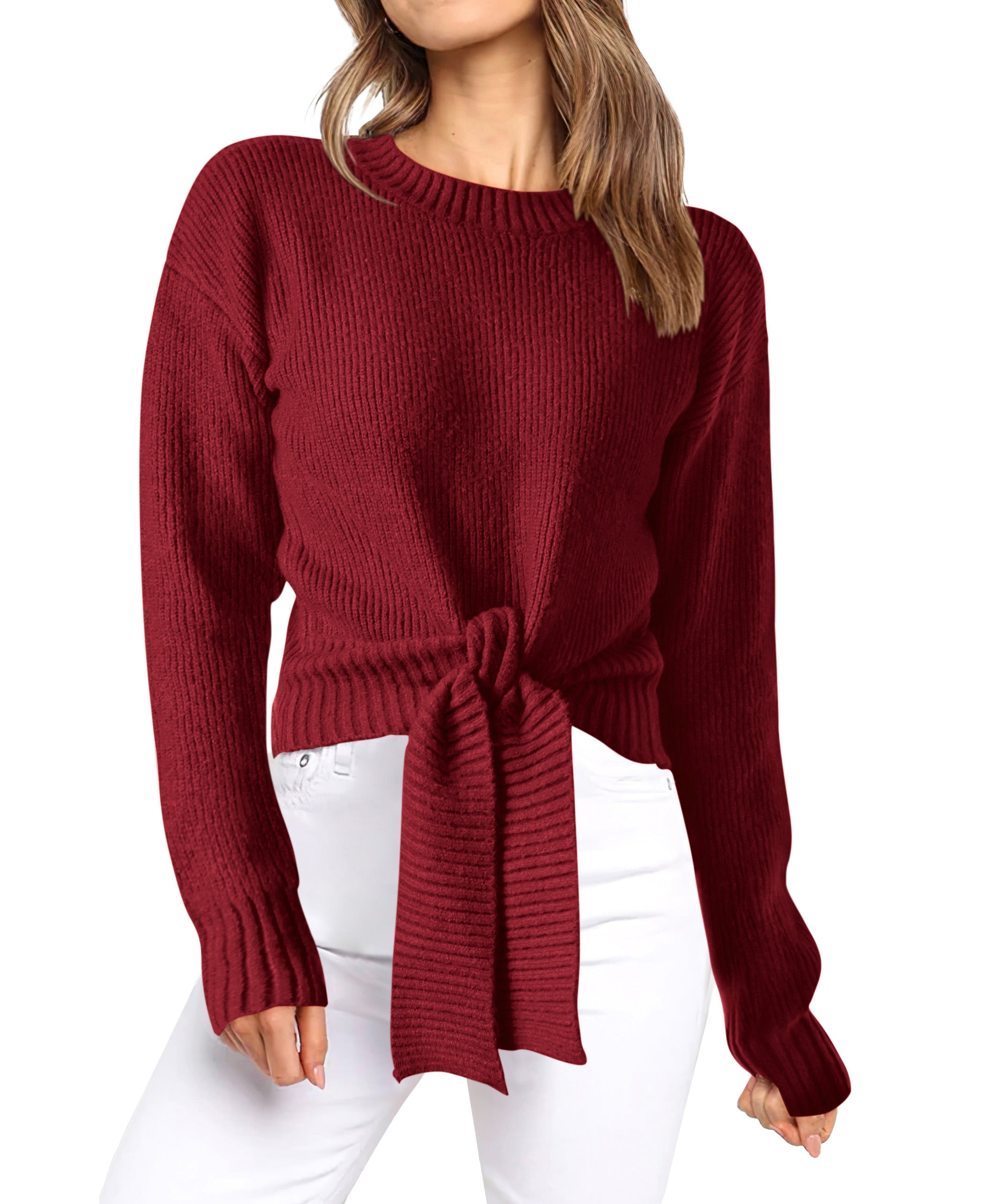 Womens Sweater Long Sleeve Tie Front Crop Tops,Casual Knit Pullover,Crew Neck,School Outfits,Early Fall Fashion