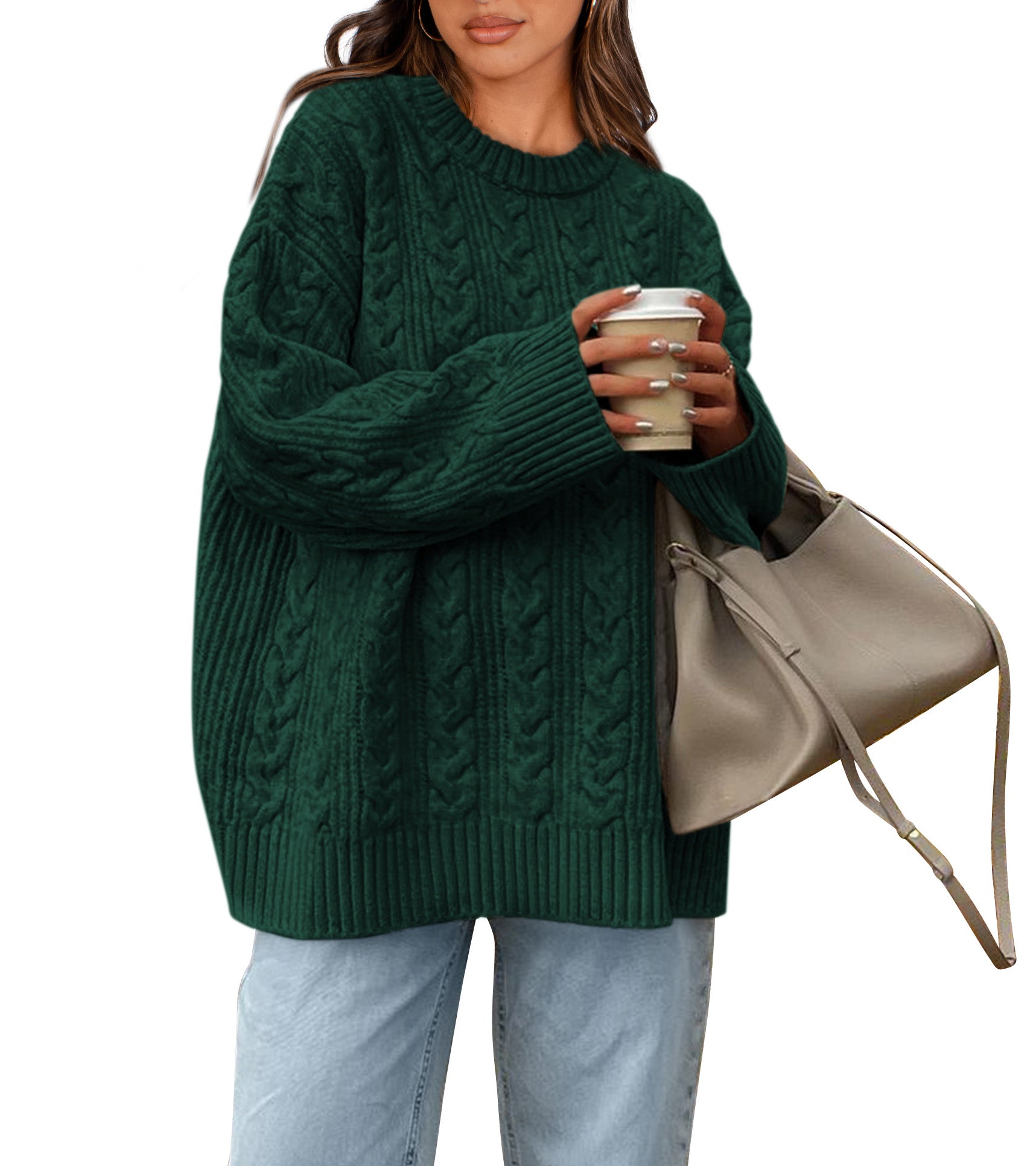 Okiwam Women's Oversized Sweaters Crewneck Cable Knit Pullover Casual Loose Fall Outfits Spring Fashion Clothes 2026