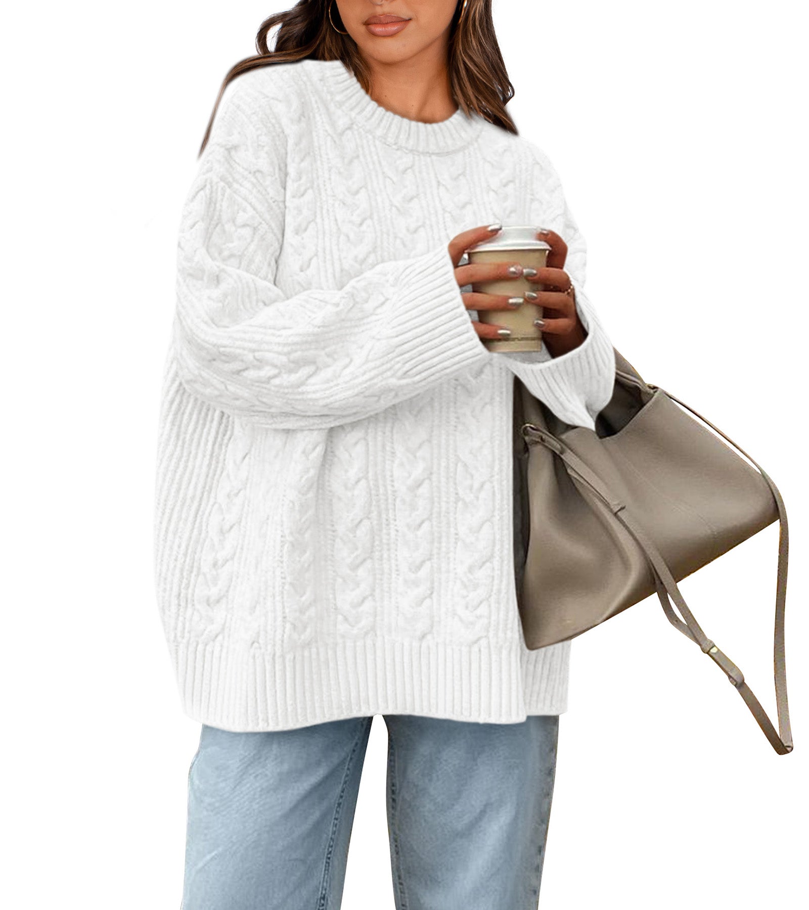 Okiwam Women's Oversized Sweaters Crewneck Cable Knit Pullover Casual Loose Fall Outfits Spring Fashion Clothes 2026