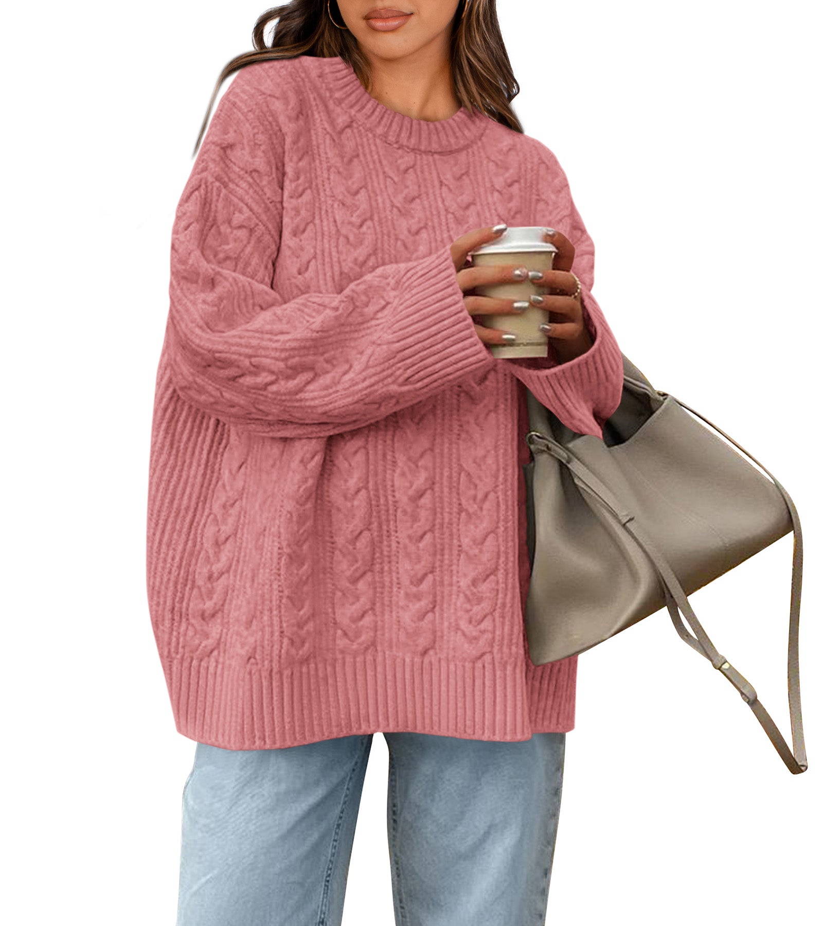 Okiwam Women's Oversized Sweaters Crewneck Cable Knit Pullover Casual Loose Fall Outfits Spring Fashion Clothes 2026