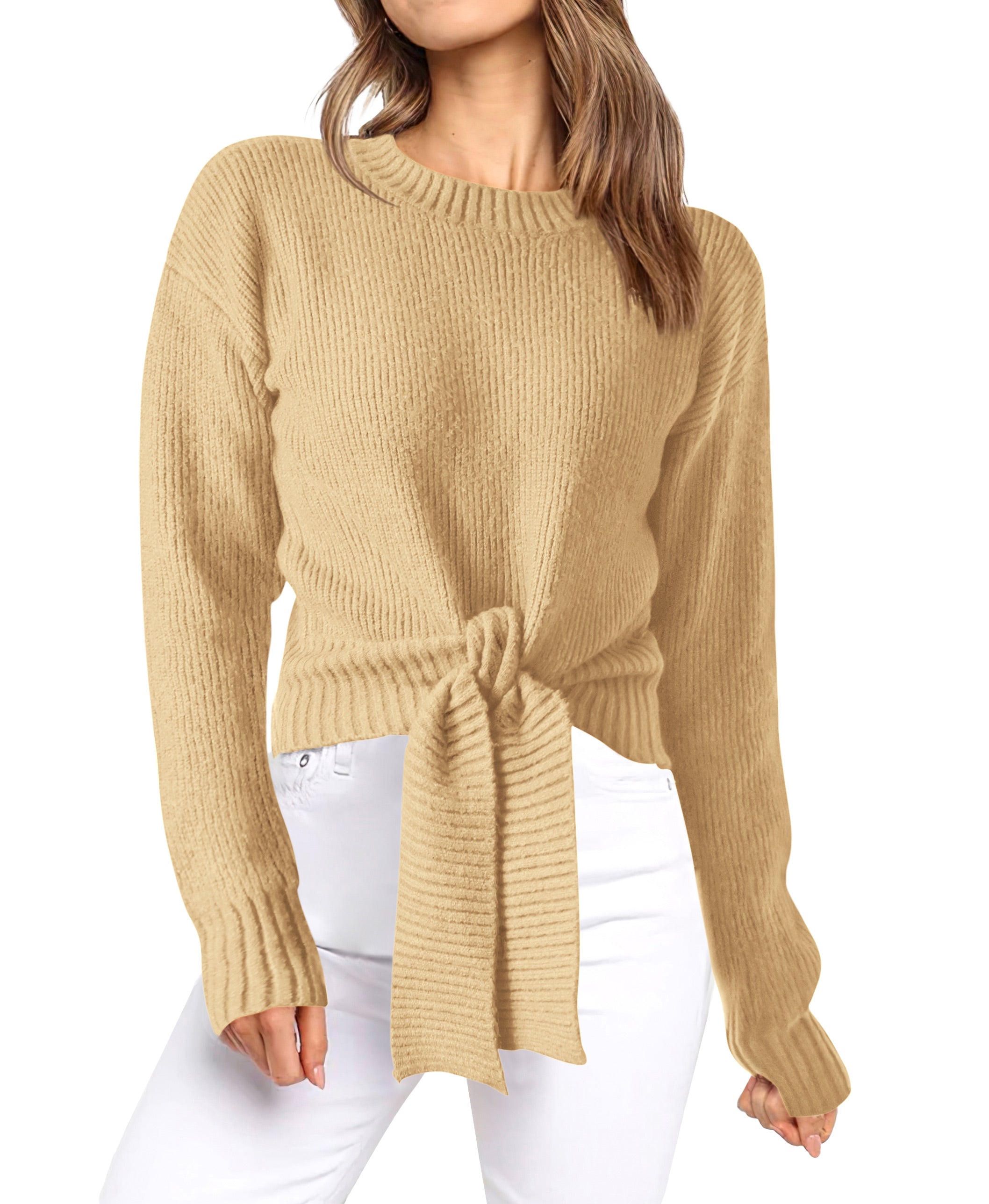 Womens Sweater Long Sleeve Tie Front Crop Tops,Casual Knit Pullover,Crew Neck,School Outfits,Early Fall Fashion