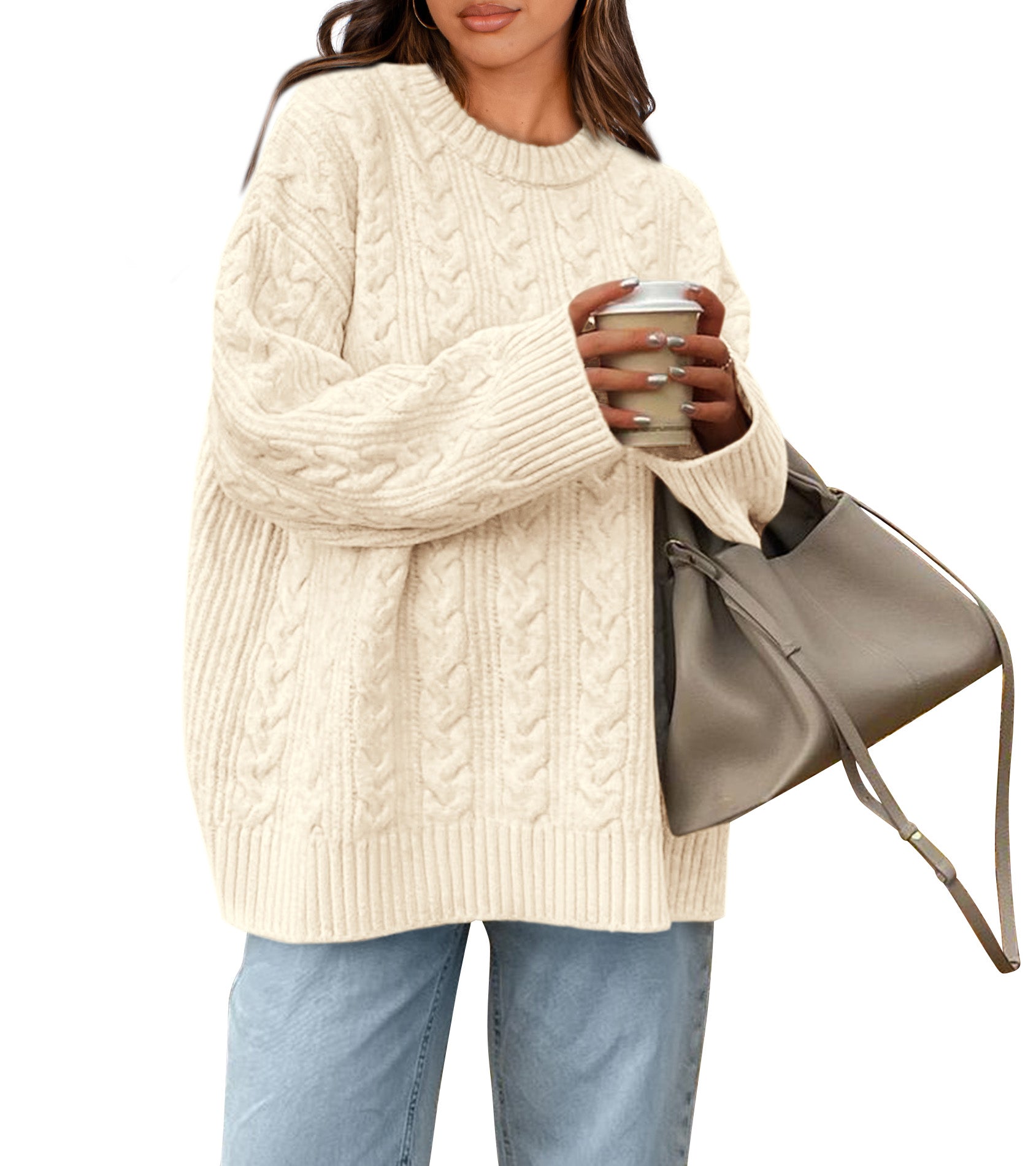 Okiwam Women's Oversized Sweaters Crewneck Cable Knit Pullover Casual Loose Fall Outfits Spring Fashion Clothes 2026