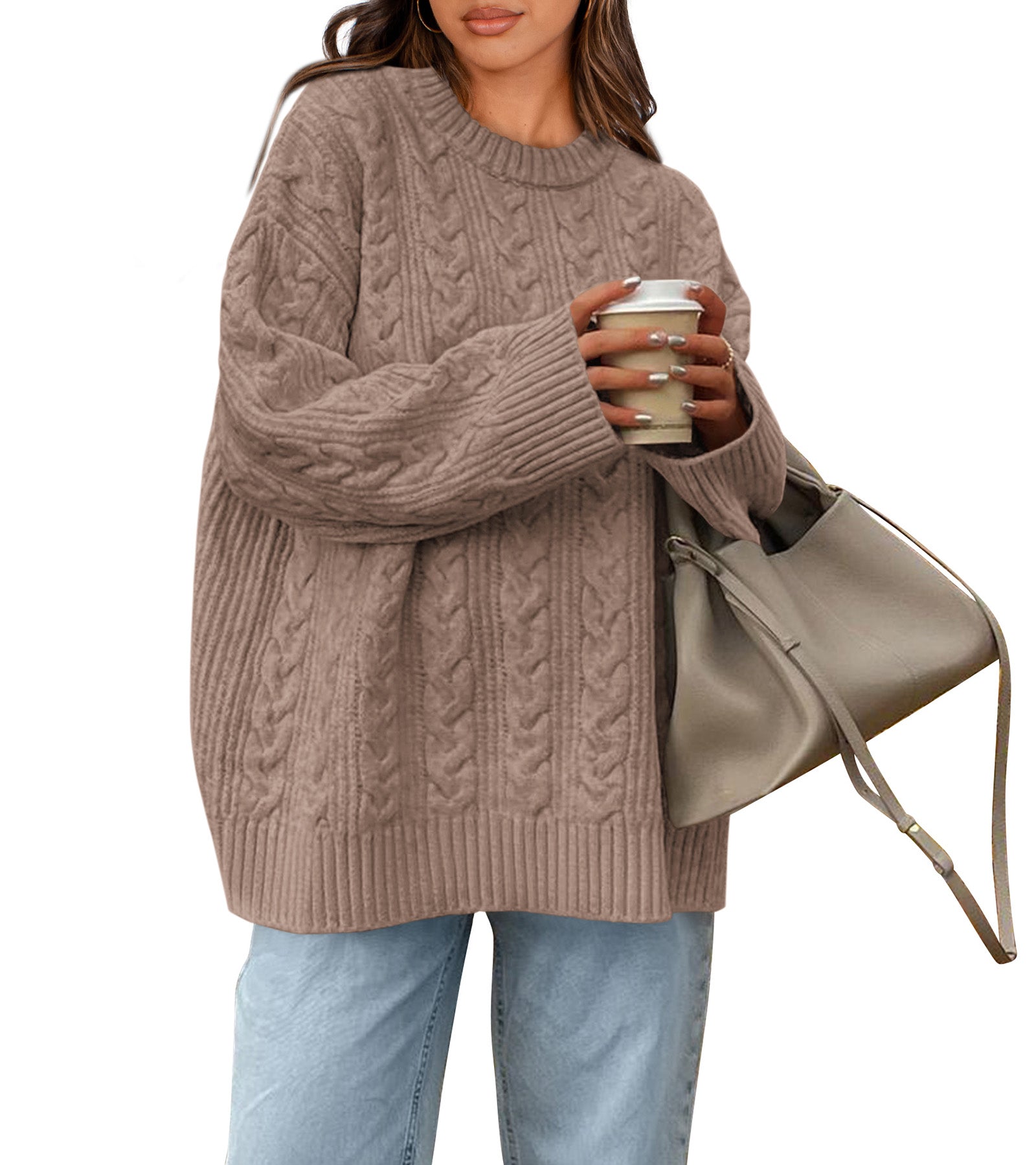 Okiwam Women's Oversized Sweaters Crewneck Cable Knit Pullover Casual Loose Fall Outfits Spring Fashion Clothes 2026